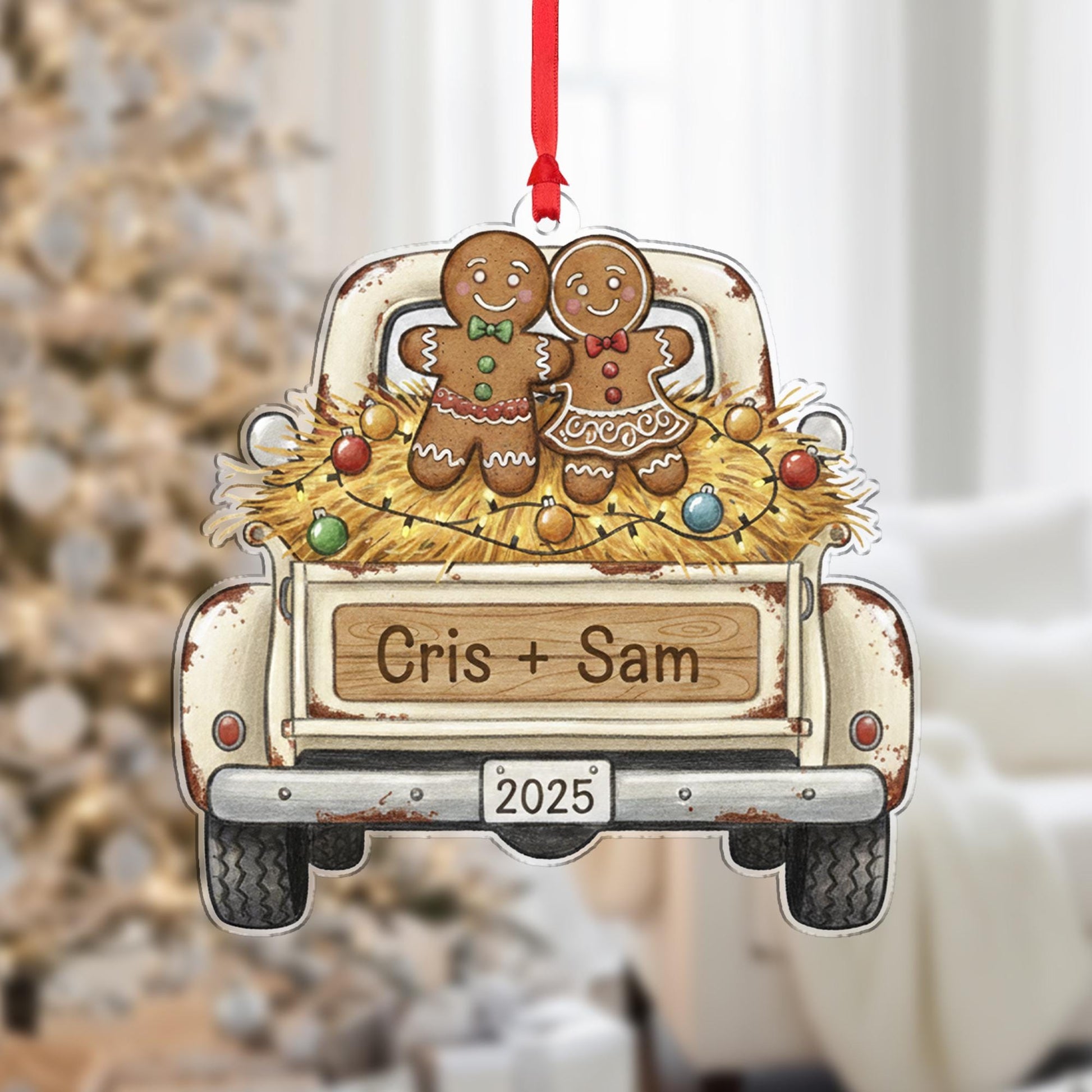 Personalized Gingerbread Truck Ornament, Custom Name Christmas Tree Decoration with Couple and Year