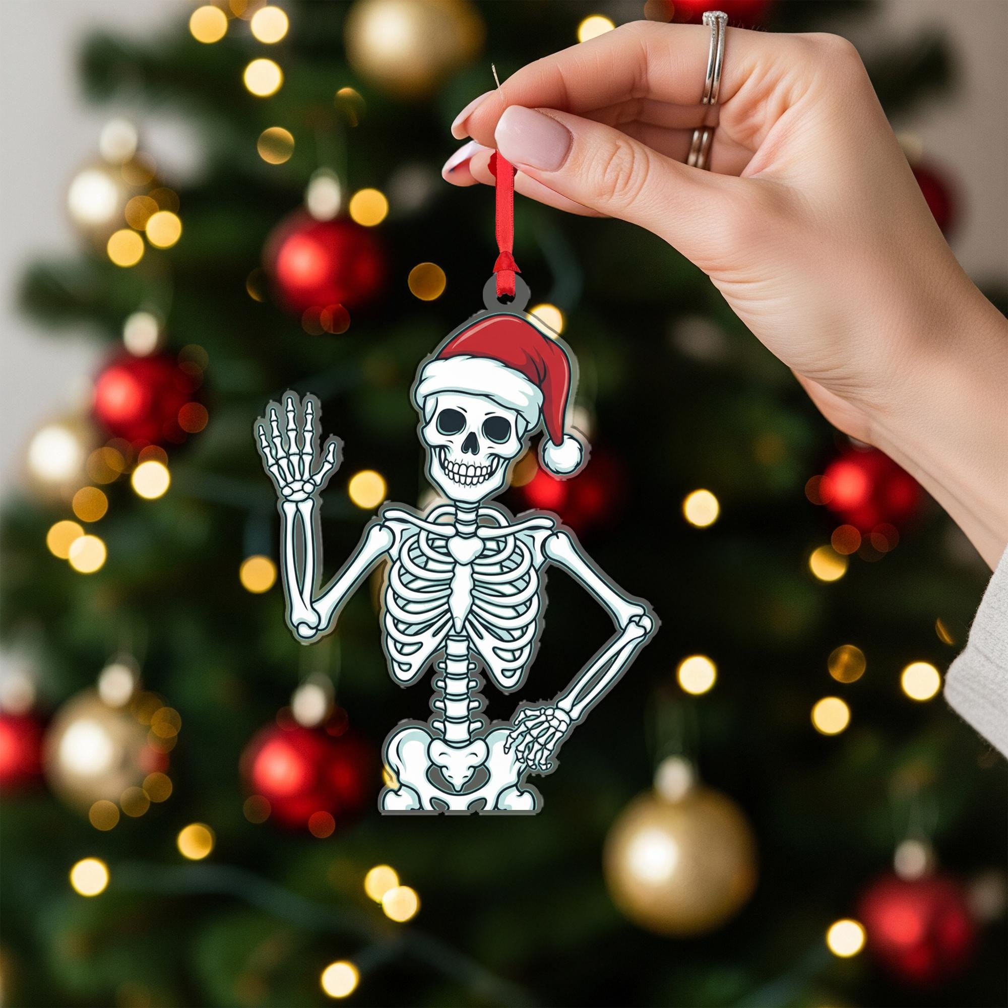 Skeleton Ornament with Santa Hat, Christmas Tree Decoration with Funny Holiday Design