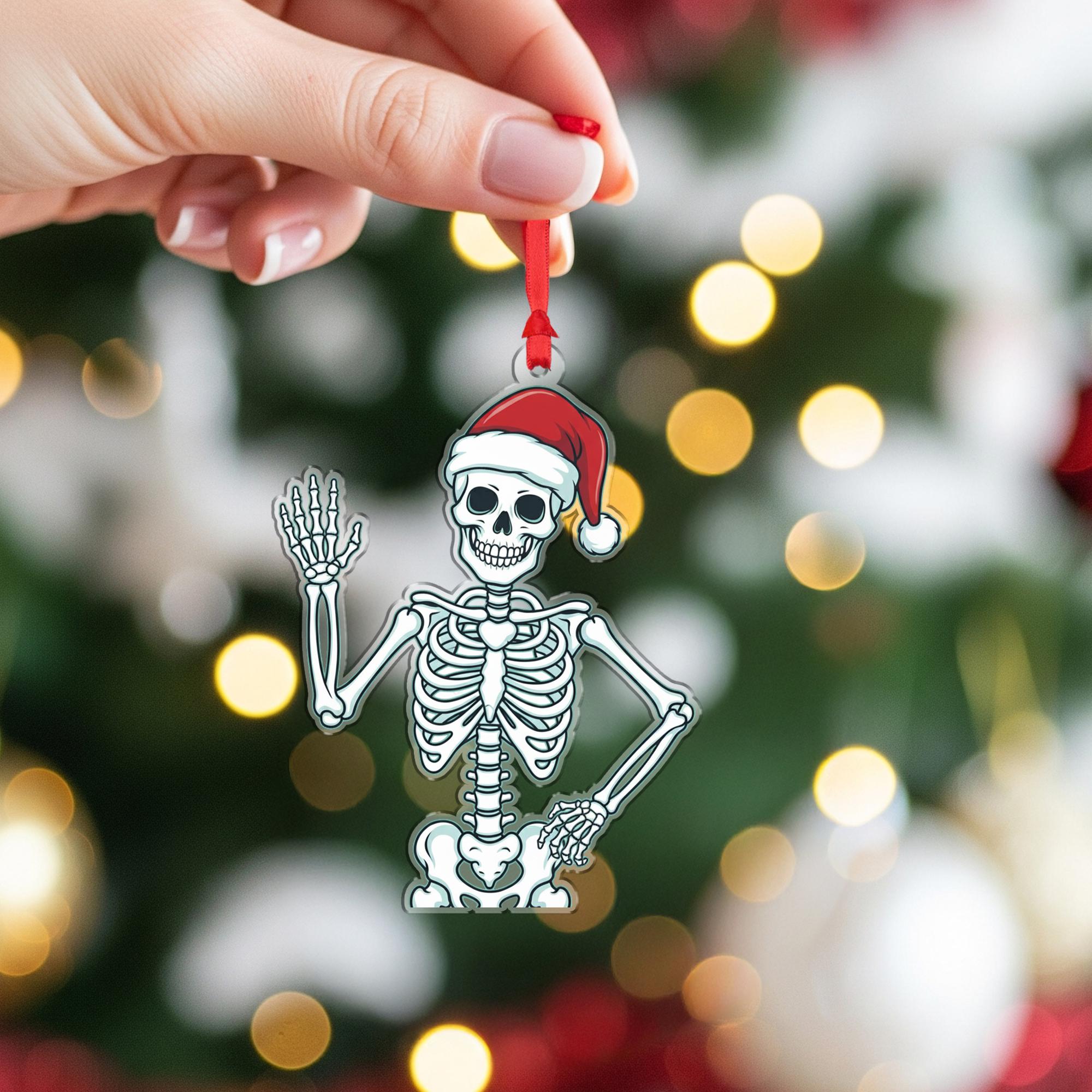 Skeleton Ornament with Santa Hat, Christmas Tree Decoration with Funny Holiday Design