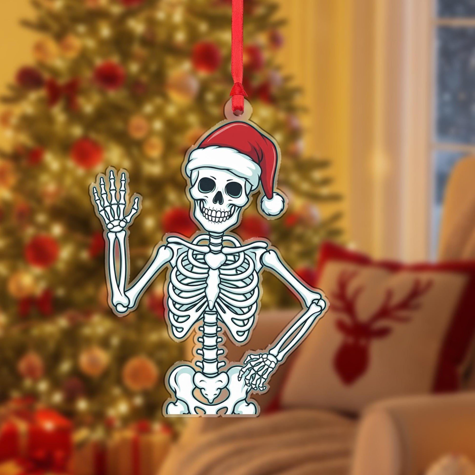 Skeleton Ornament with Santa Hat, Christmas Tree Decoration with Funny Holiday Design