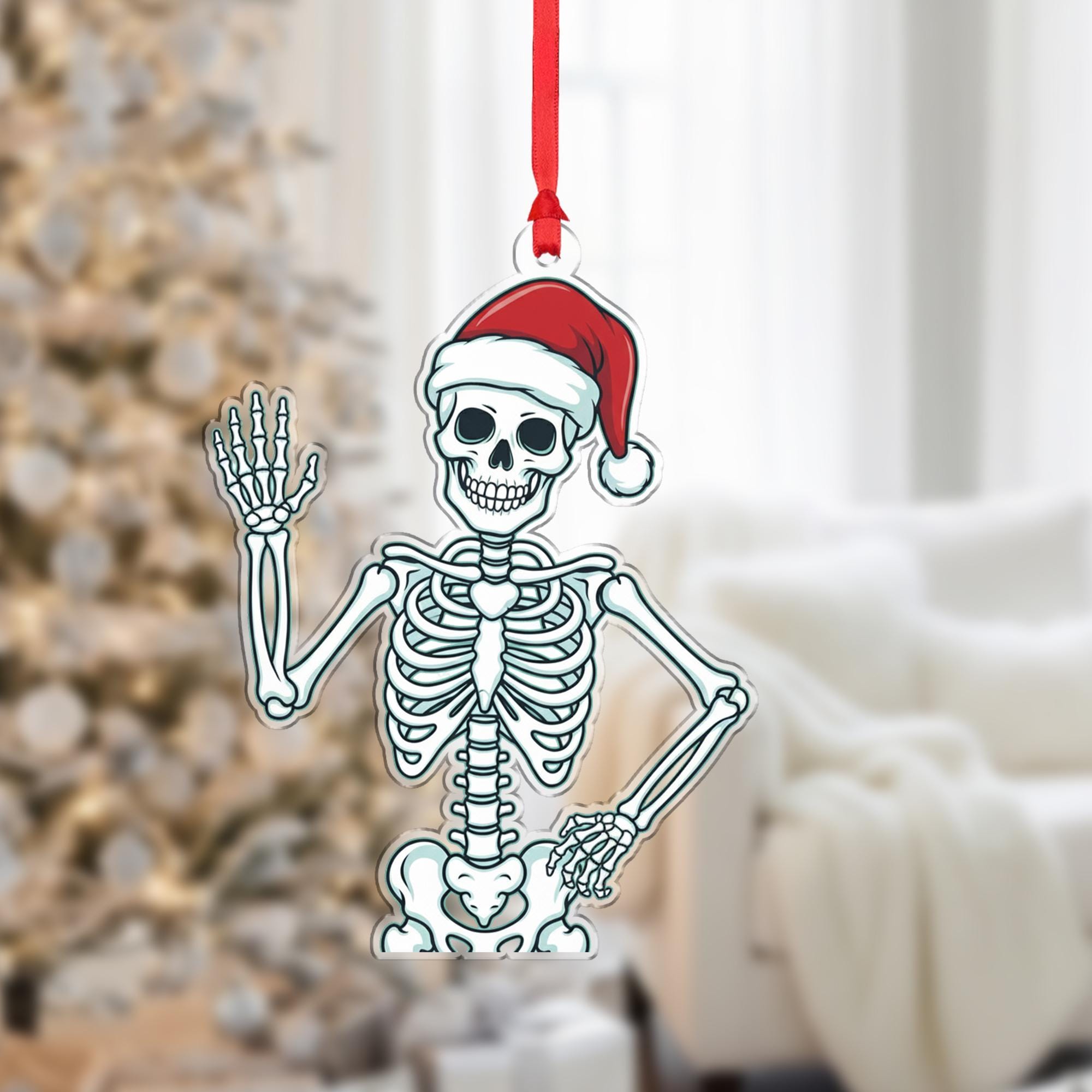 Skeleton Ornament with Santa Hat, Christmas Tree Decoration with Funny Holiday Design