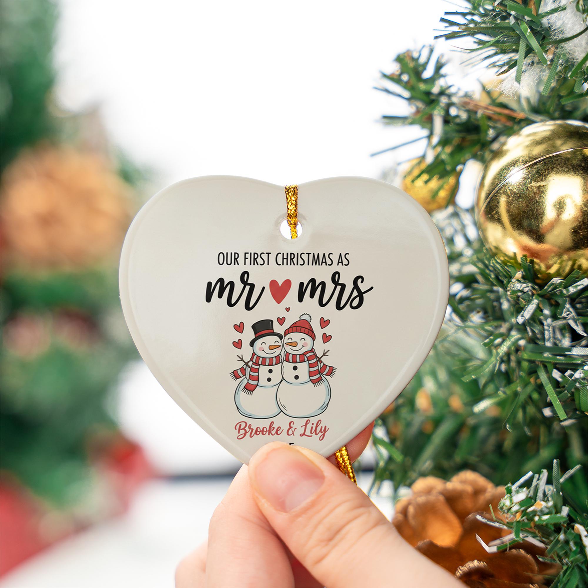 Personalized Mr & Mrs Christmas Ornament: Snowman Couple Ceramic Heart