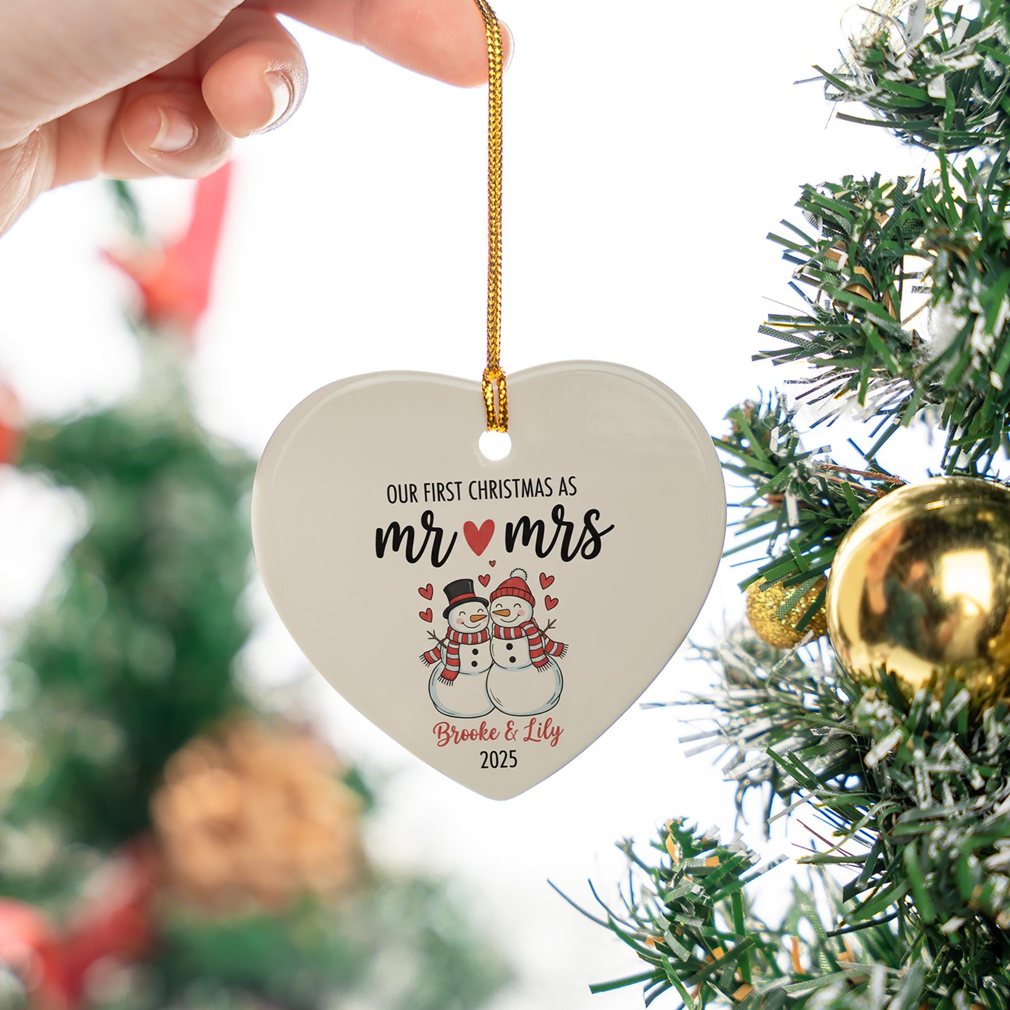 Personalized Mr & Mrs Christmas Ornament: Snowman Couple Ceramic Heart