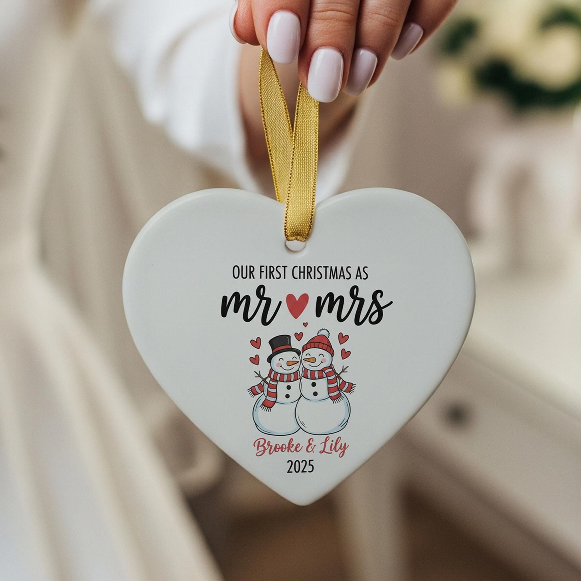 Personalized Mr & Mrs Christmas Ornament: Snowman Couple Ceramic Heart