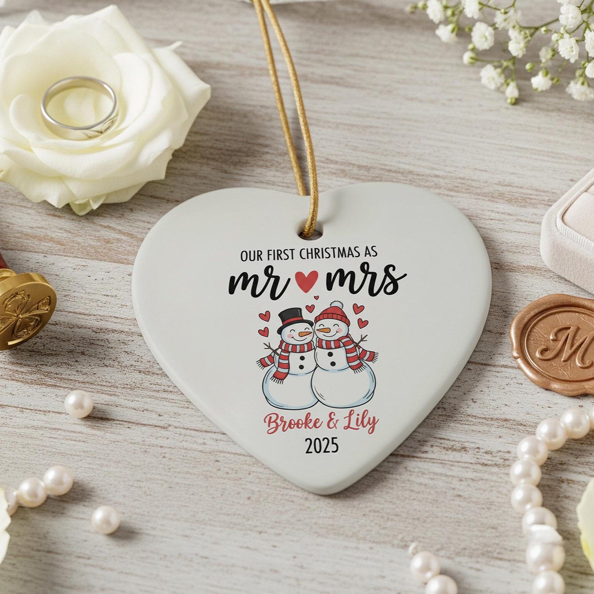 Personalized Mr & Mrs Christmas Ornament: Snowman Couple Ceramic Heart