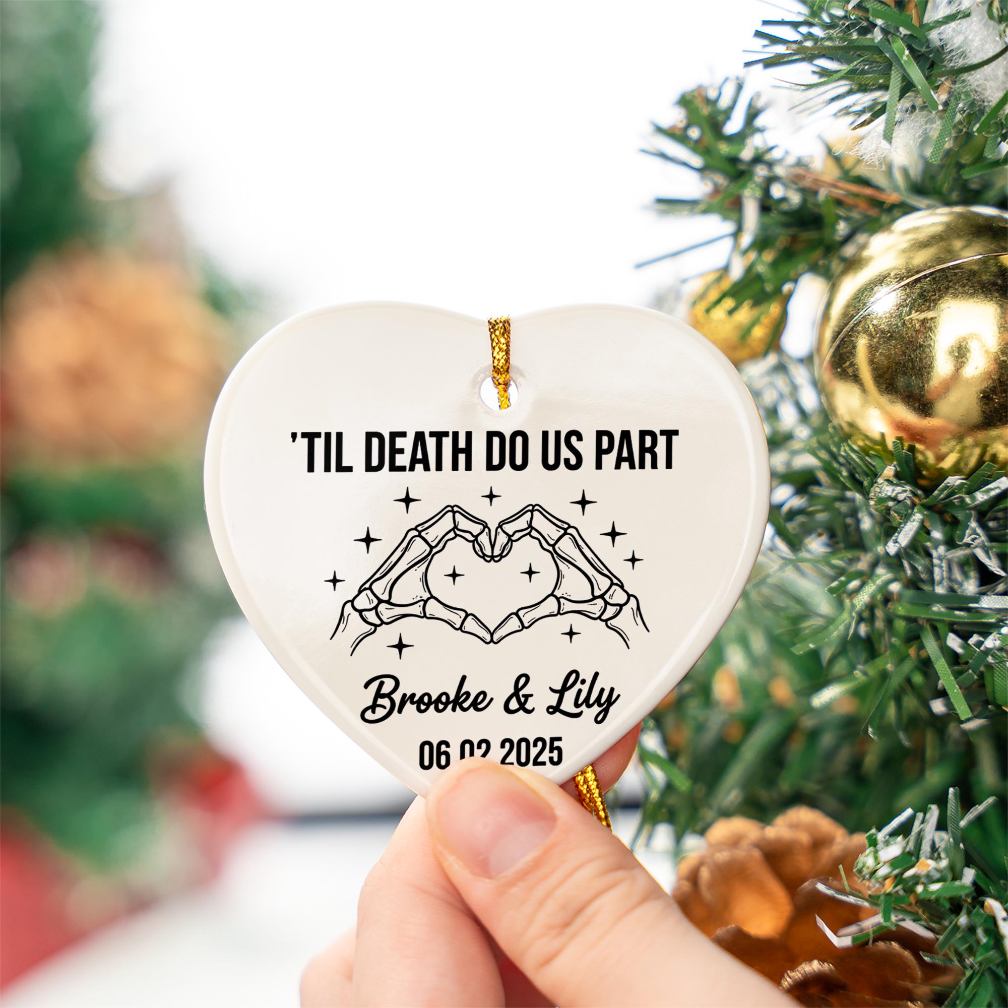 Personalized Ceramic Heart Ornament, Skeleton Hands Til Death Do Us Part Design with Names and Date