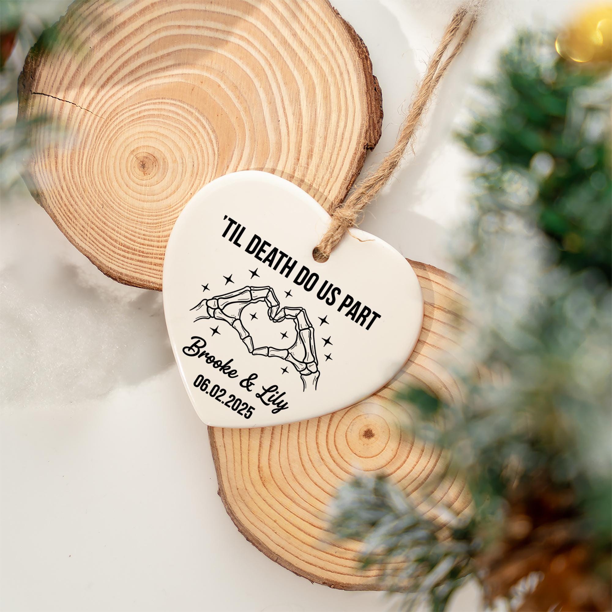 Personalized Ceramic Heart Ornament, Skeleton Hands Til Death Do Us Part Design with Names and Date