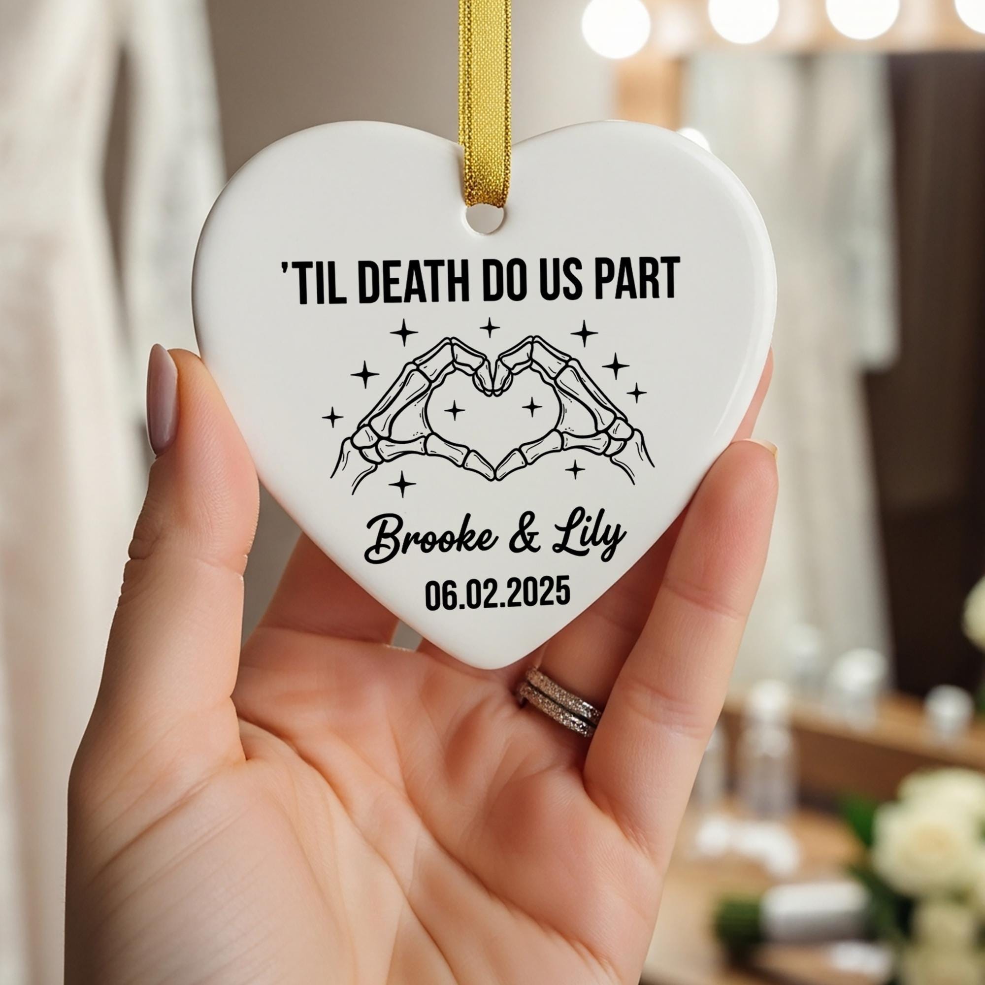Personalized Ceramic Heart Ornament, Skeleton Hands Til Death Do Us Part Design with Names and Date