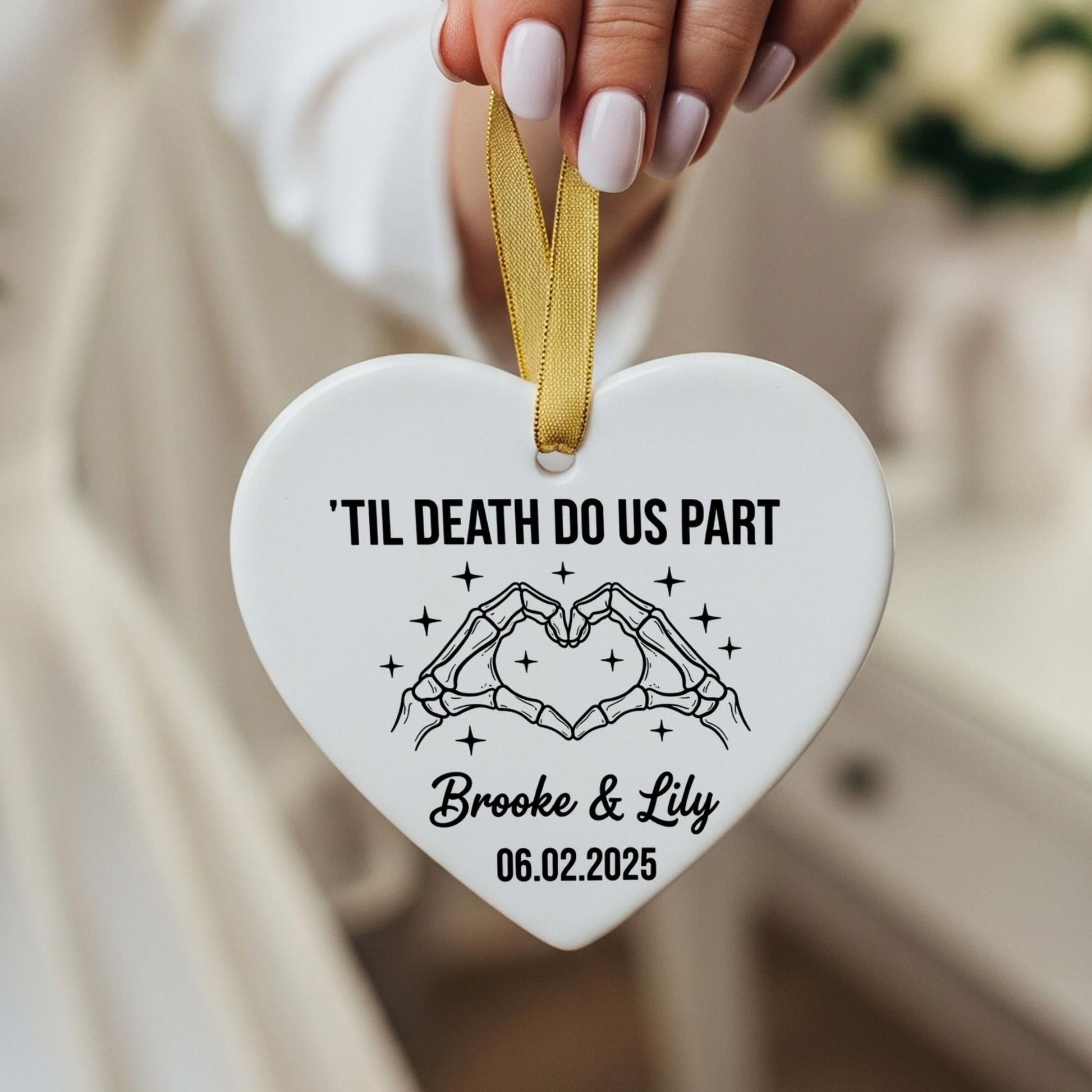 Personalized Ceramic Heart Ornament, Skeleton Hands Til Death Do Us Part Design with Names and Date