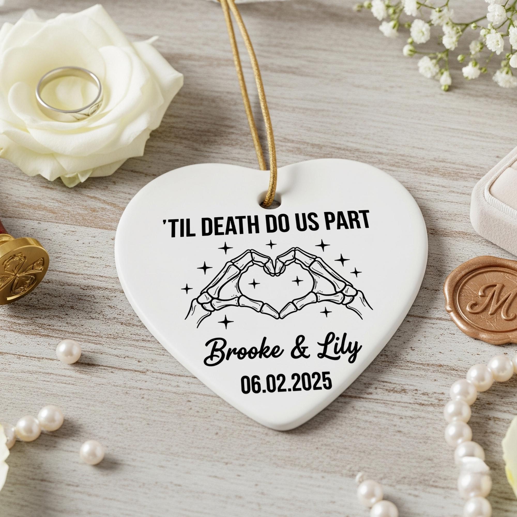 Personalized Ceramic Heart Ornament, Skeleton Hands Til Death Do Us Part Design with Names and Date
