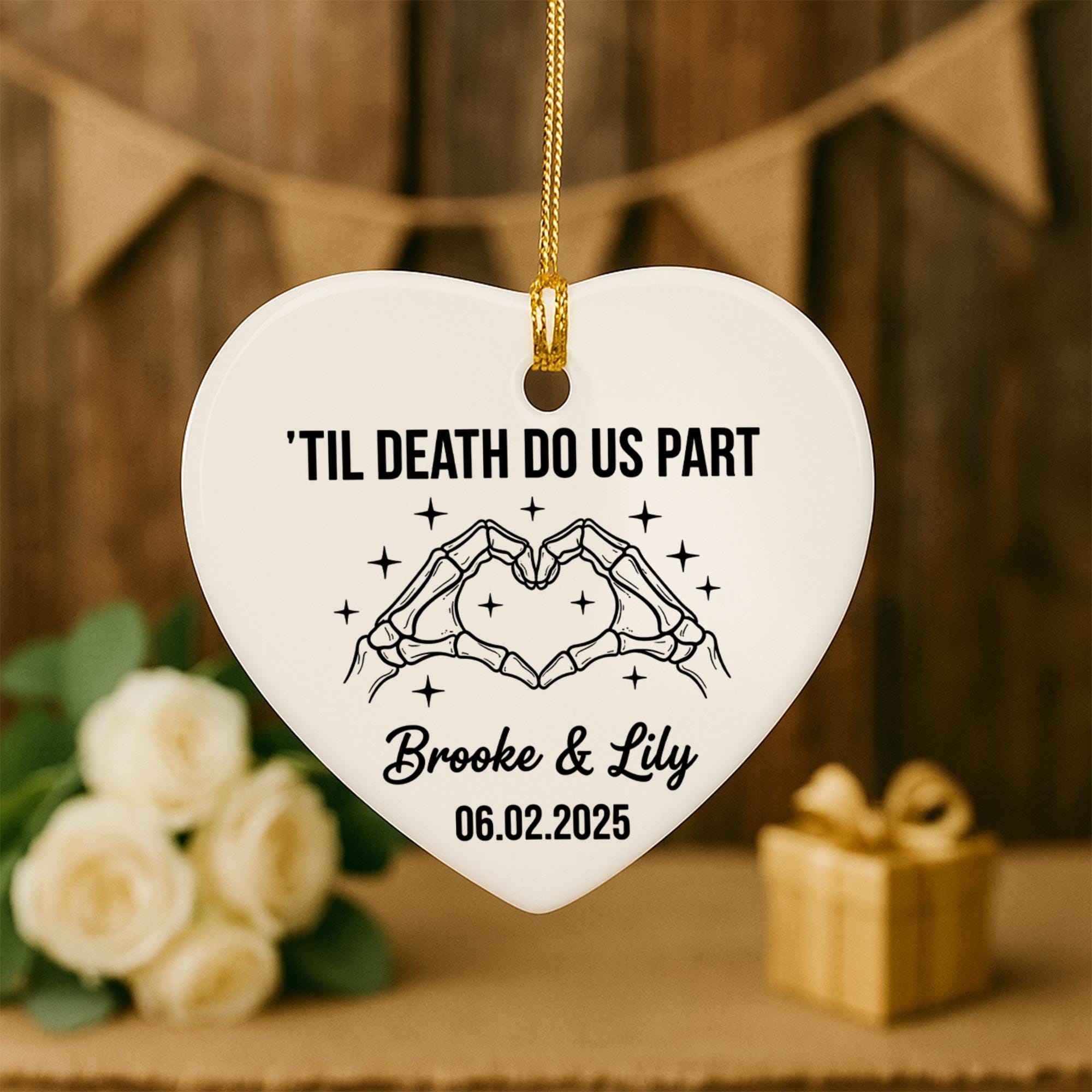 Personalized Ceramic Heart Ornament, Skeleton Hands Til Death Do Us Part Design with Names and Date