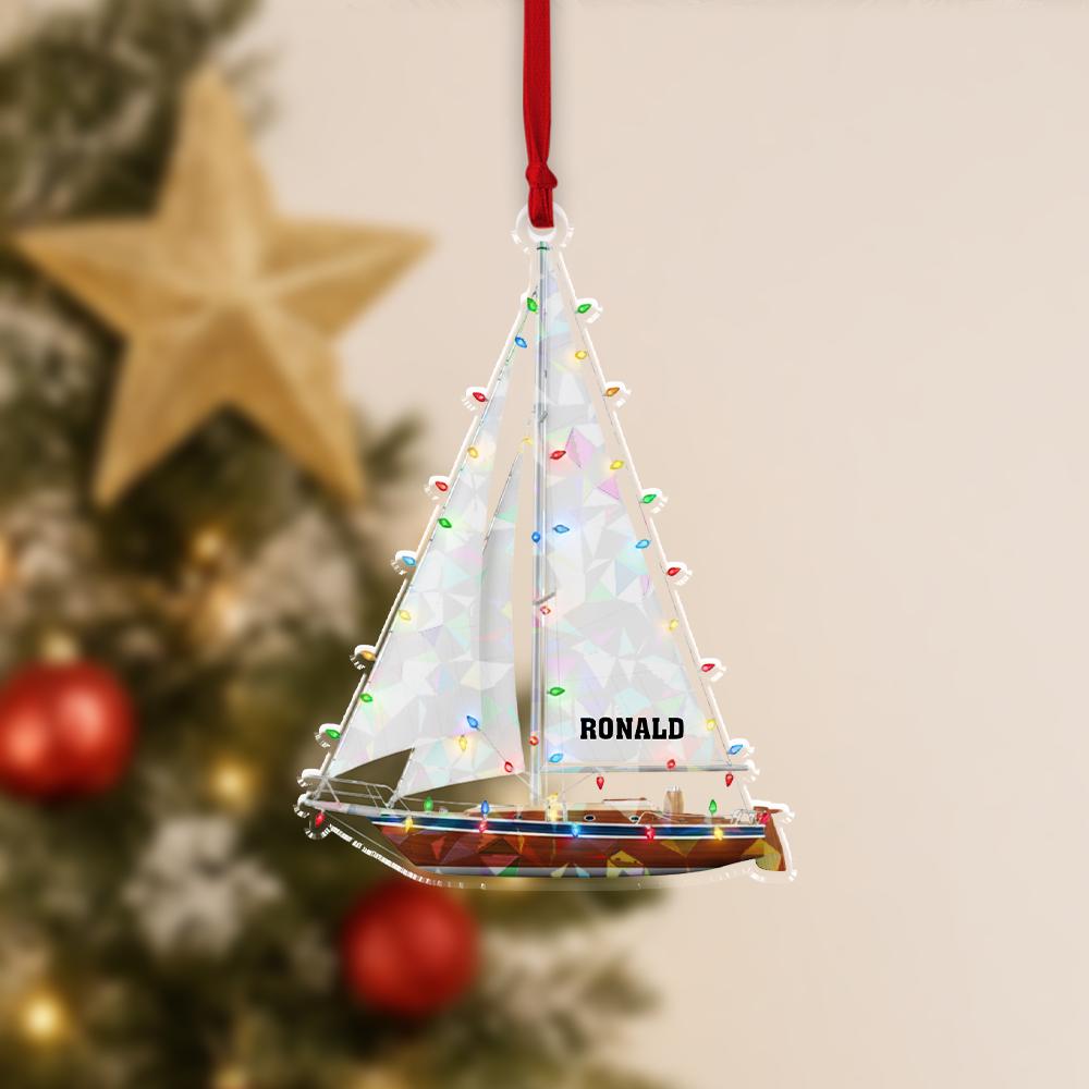 Personalized Acrylic Sailboat Hologram Ornament – Custom Name & Year – Nautical Tree Decoration