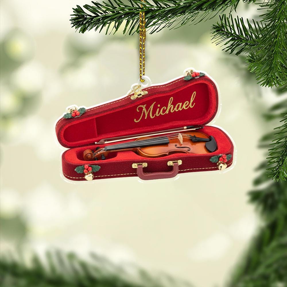 Custom Violin Ornament in Red Case, Personalized Music Decoration, Christmas Ornament for Musicians