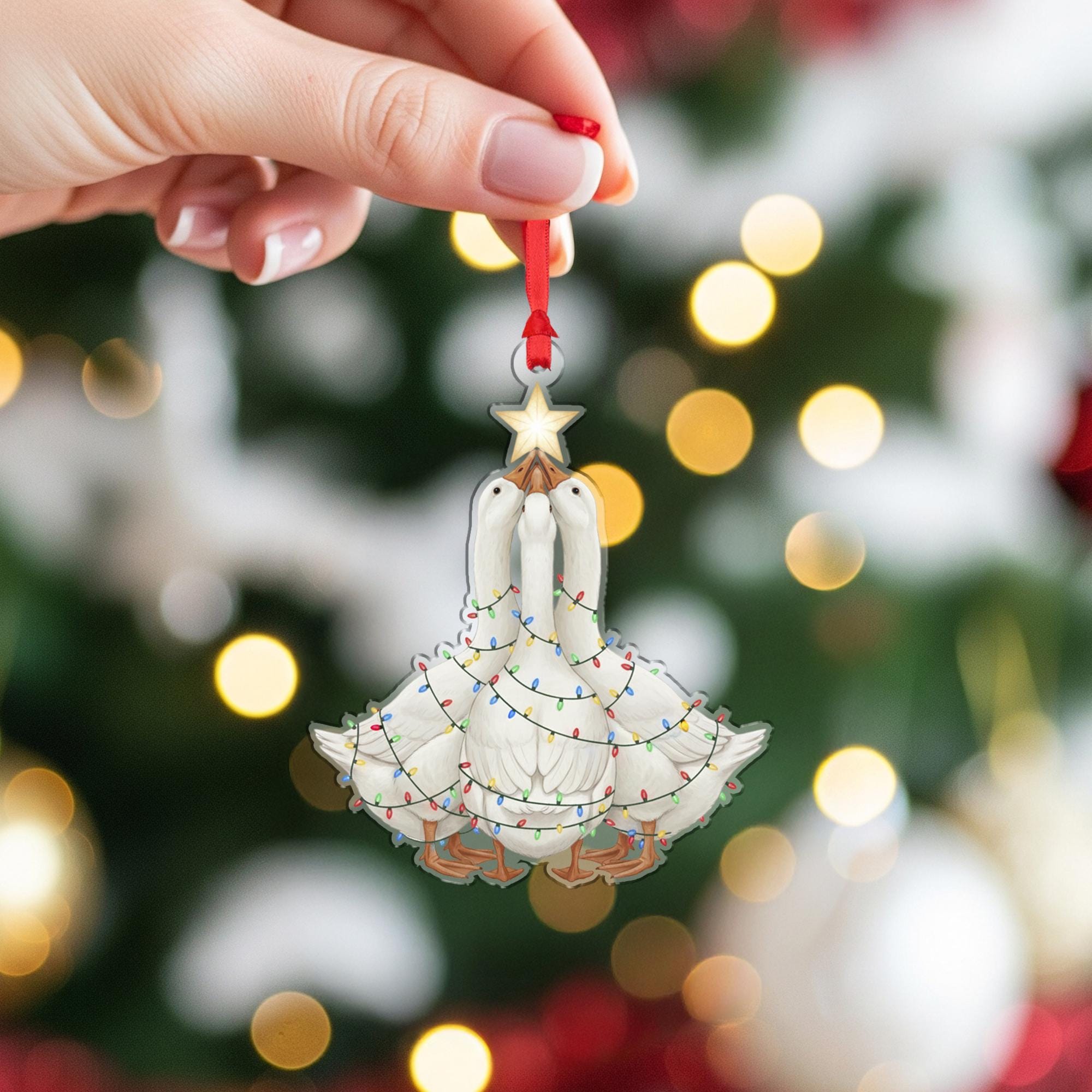 Goose Ornament with Christmas Lights, Farmhouse Holiday Tree Decoration with Star Topper