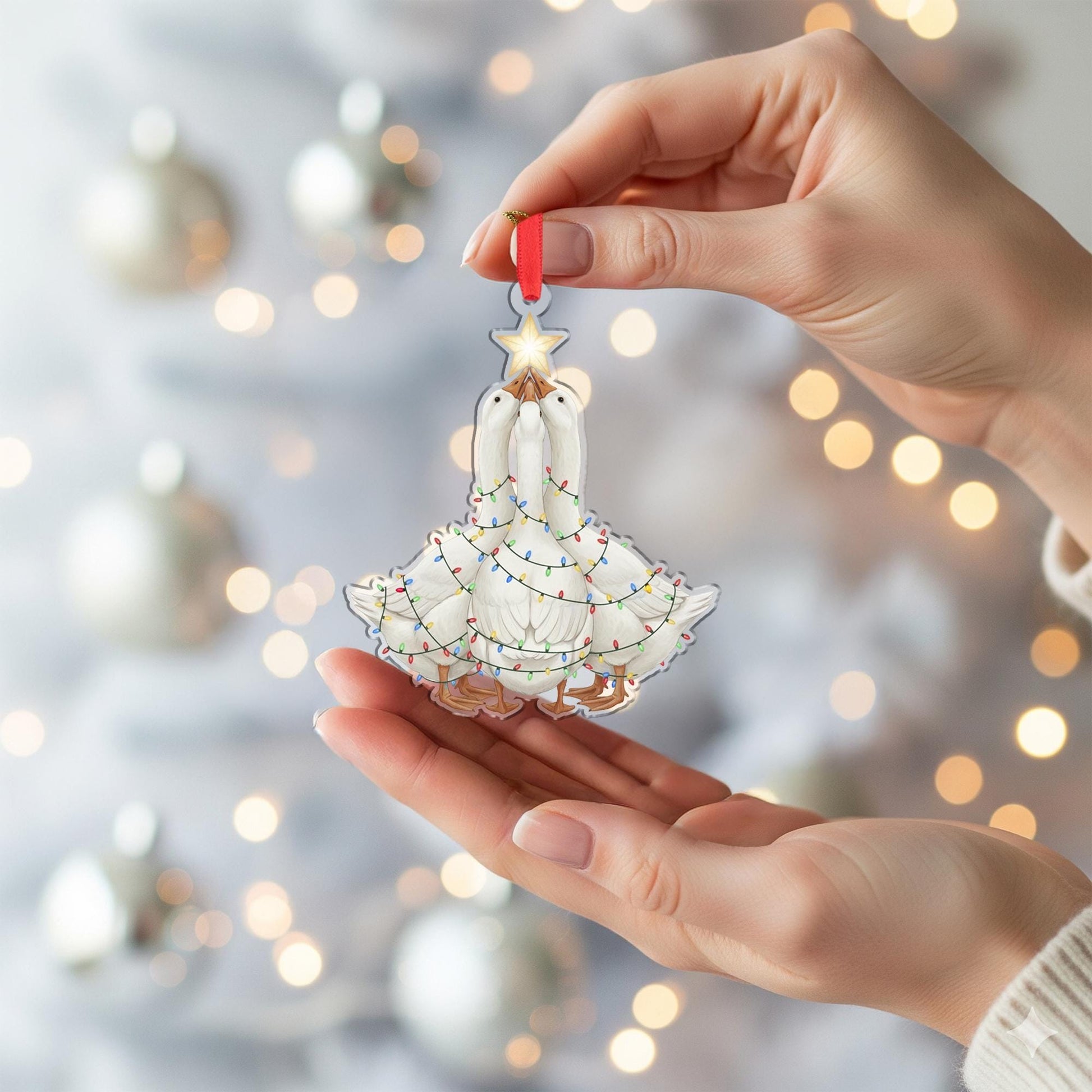 Goose Ornament with Christmas Lights, Farmhouse Holiday Tree Decoration with Star Topper