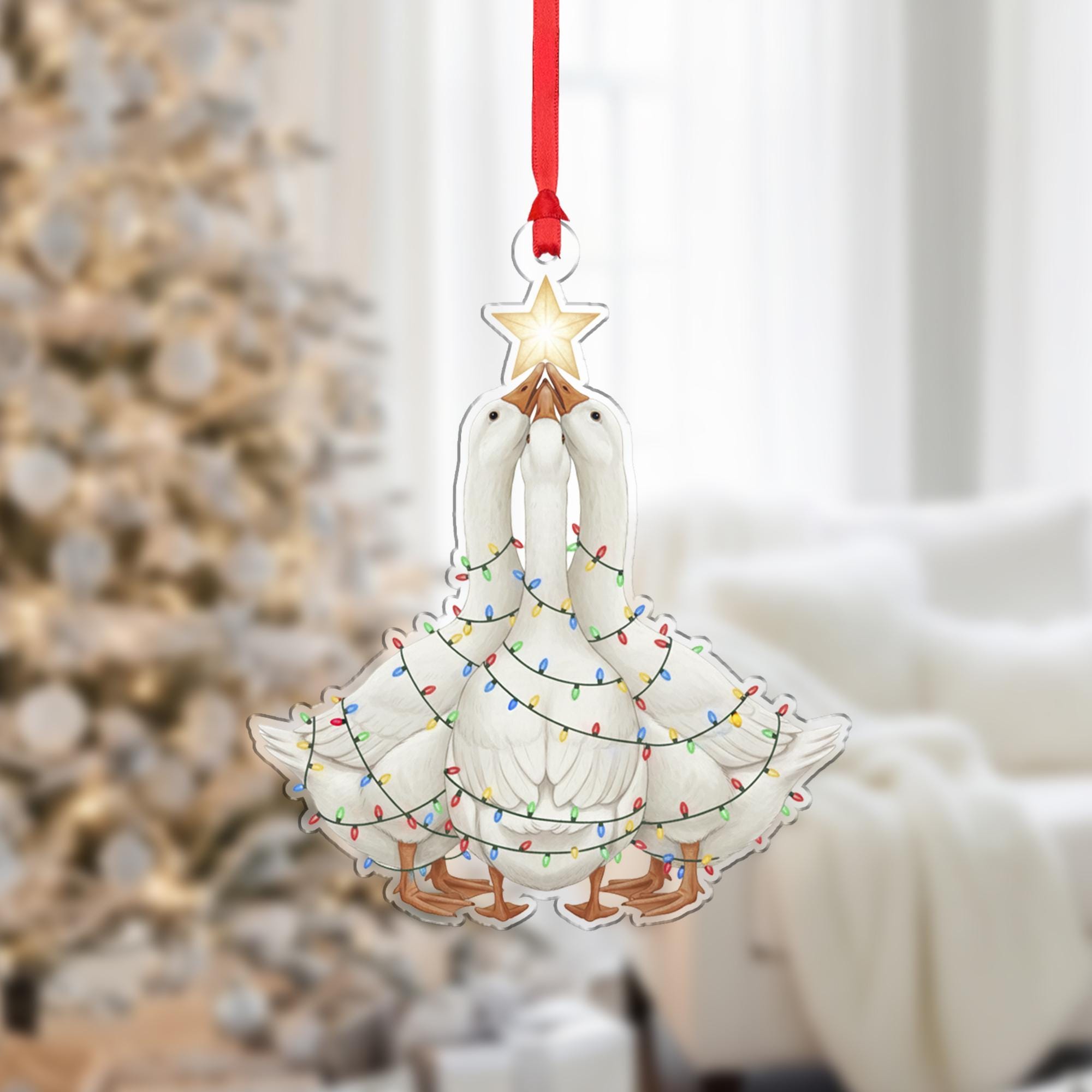 Goose Ornament with Christmas Lights, Farmhouse Holiday Tree Decoration with Star Topper