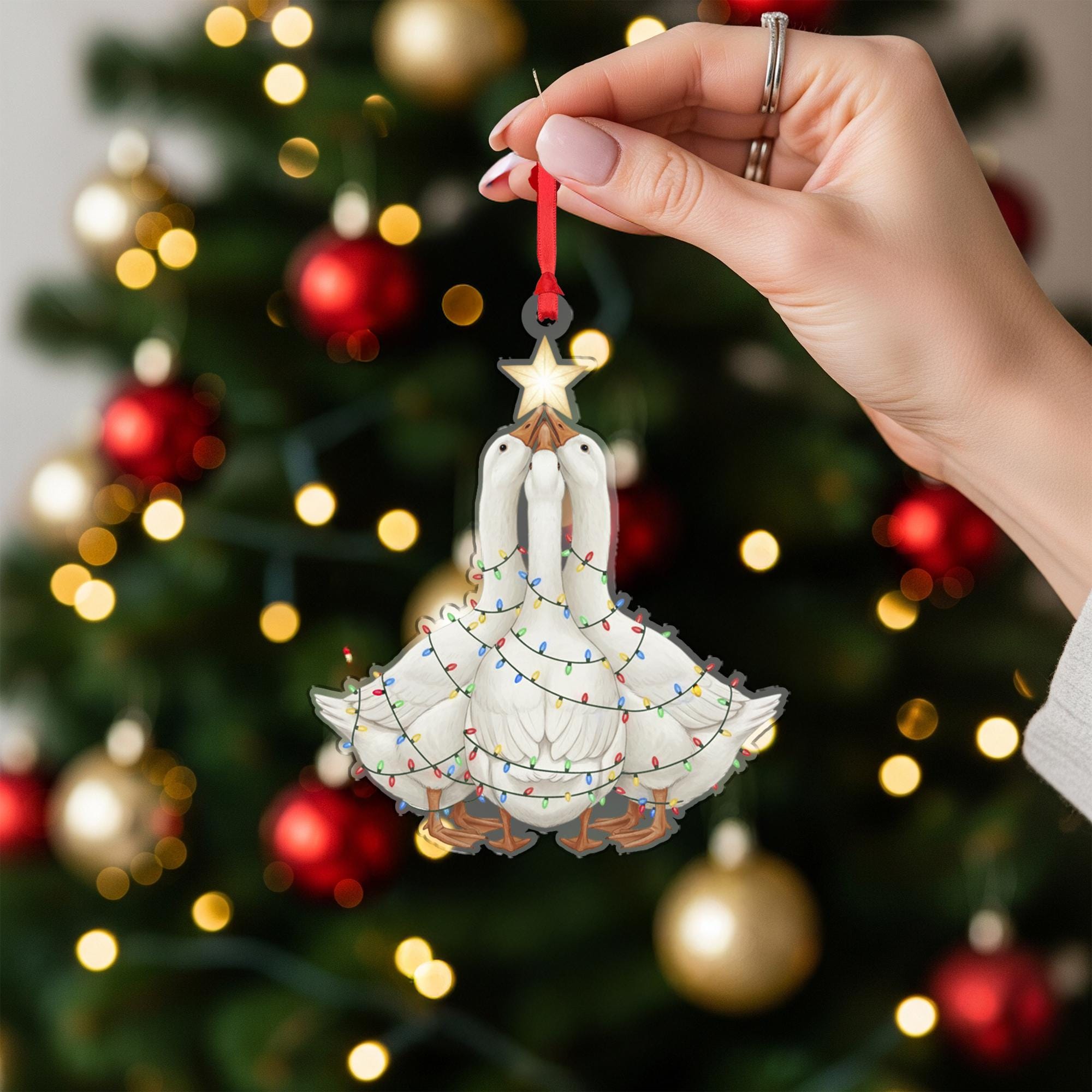 Goose Ornament with Christmas Lights, Farmhouse Holiday Tree Decoration with Star Topper
