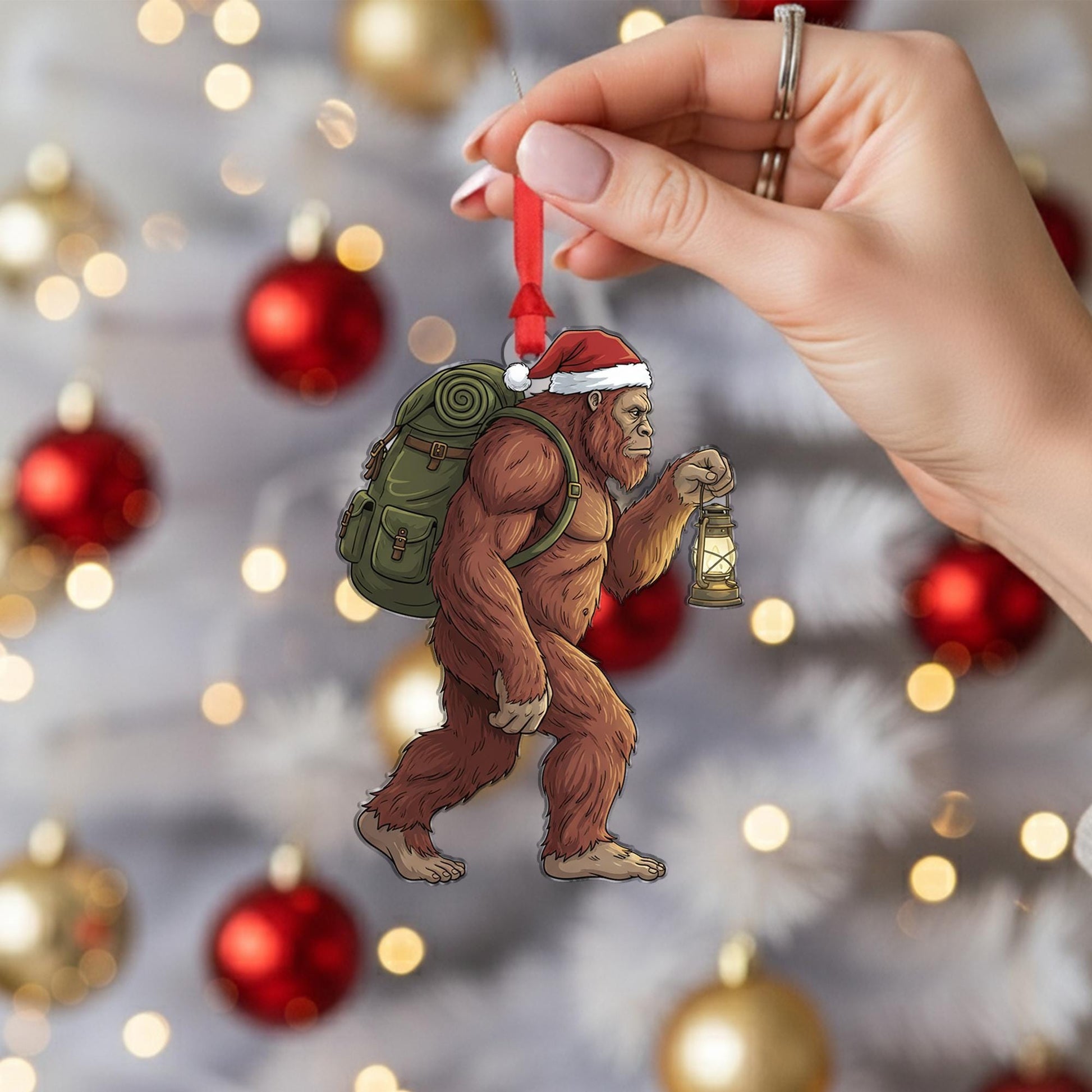 Sasquatch Ornament with Santa Hat, Christmas Tree Decoration with Backpack and Lantern