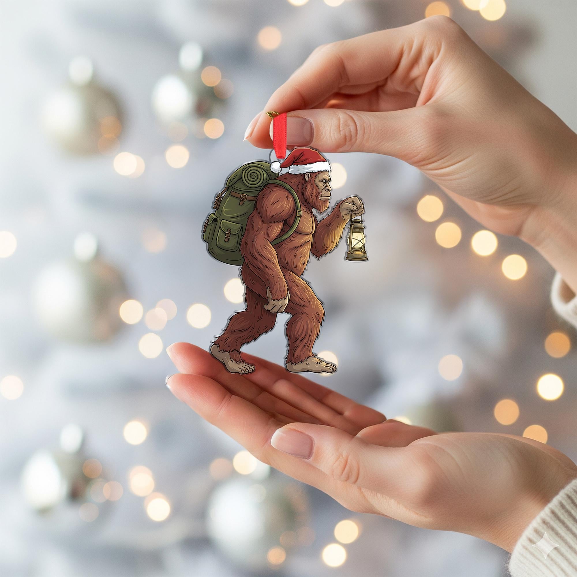 Sasquatch Ornament with Santa Hat, Christmas Tree Decoration with Backpack and Lantern