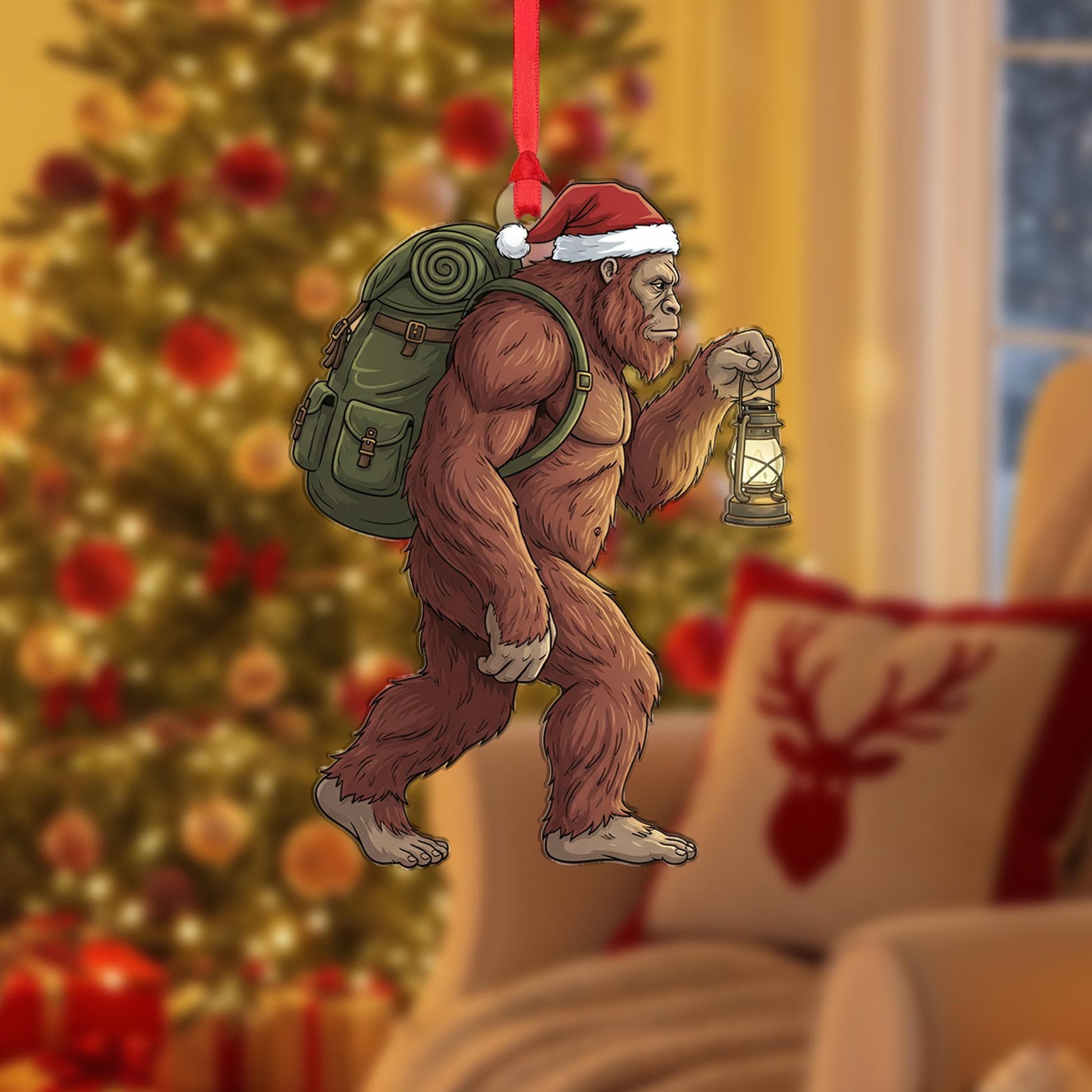 Sasquatch Ornament with Santa Hat, Christmas Tree Decoration with Backpack and Lantern