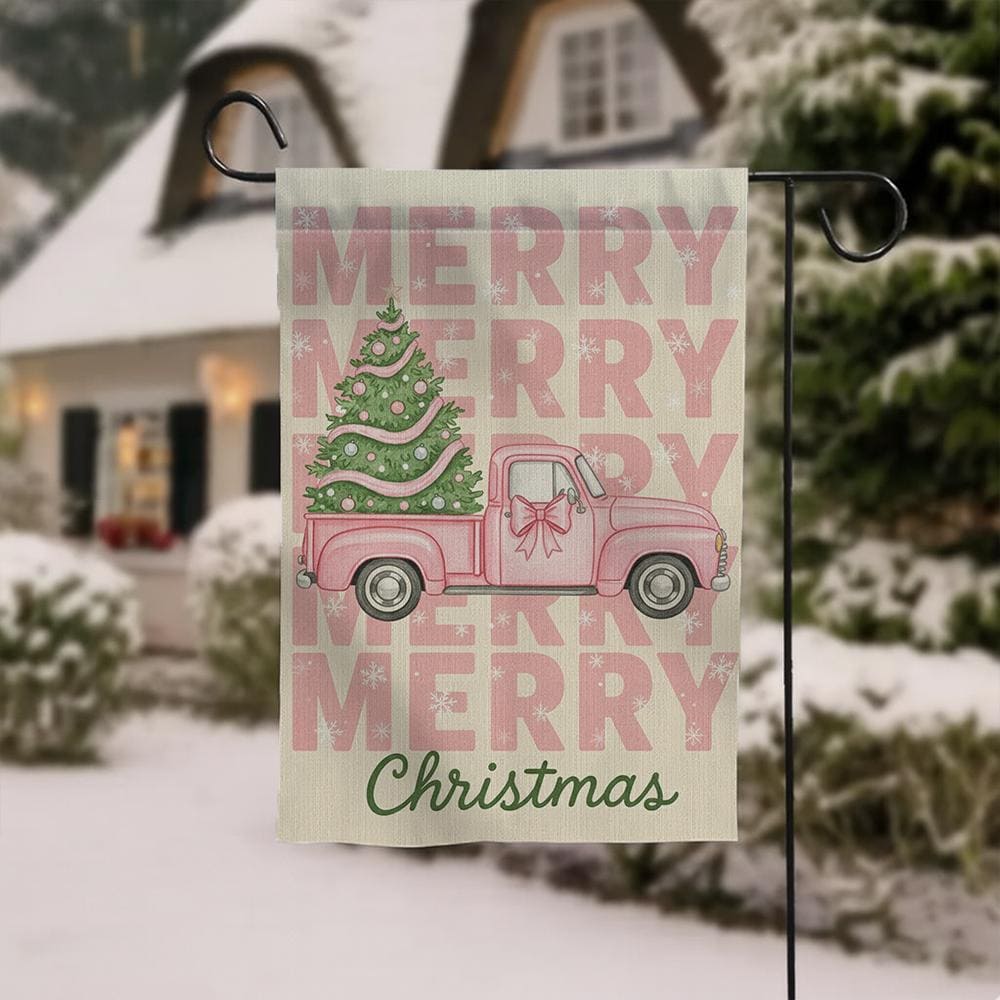 Outdoor Christmas Flag – Pink Truck with Tree Design – Holiday Garden Decoration