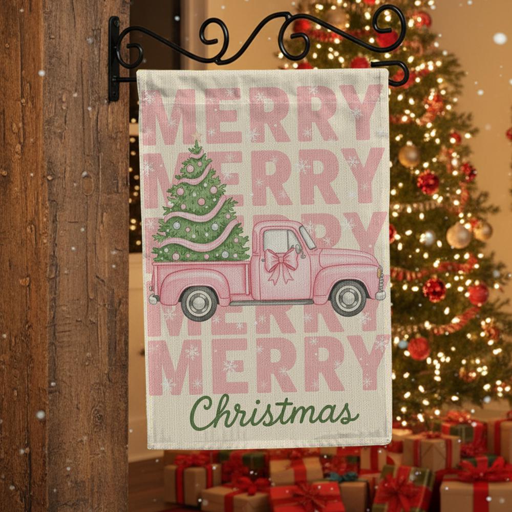 Outdoor Christmas Flag – Pink Truck with Tree Design – Holiday Garden Decoration