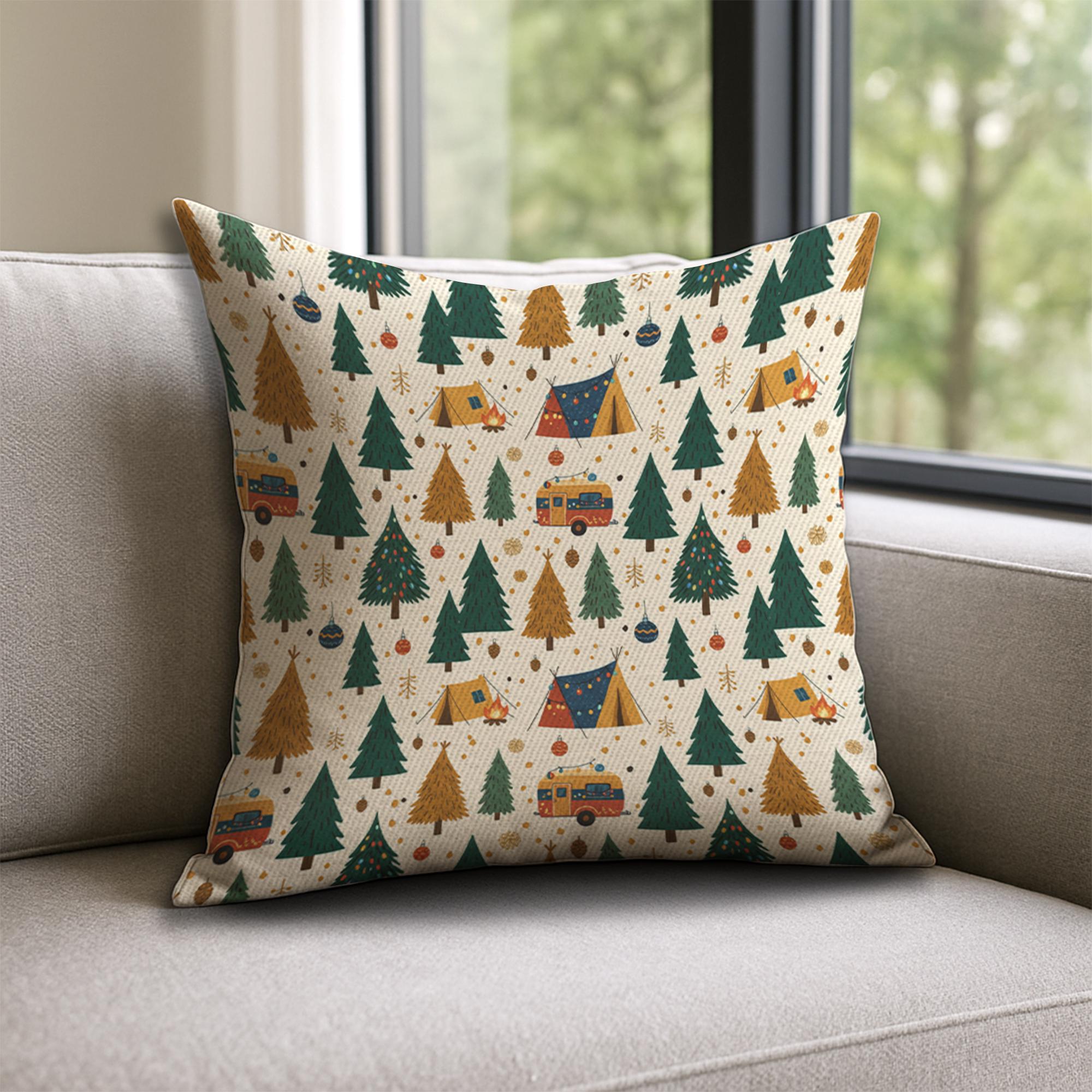 Christmas Camping Pillow: Holiday Camper and Trees Throw Pillow
