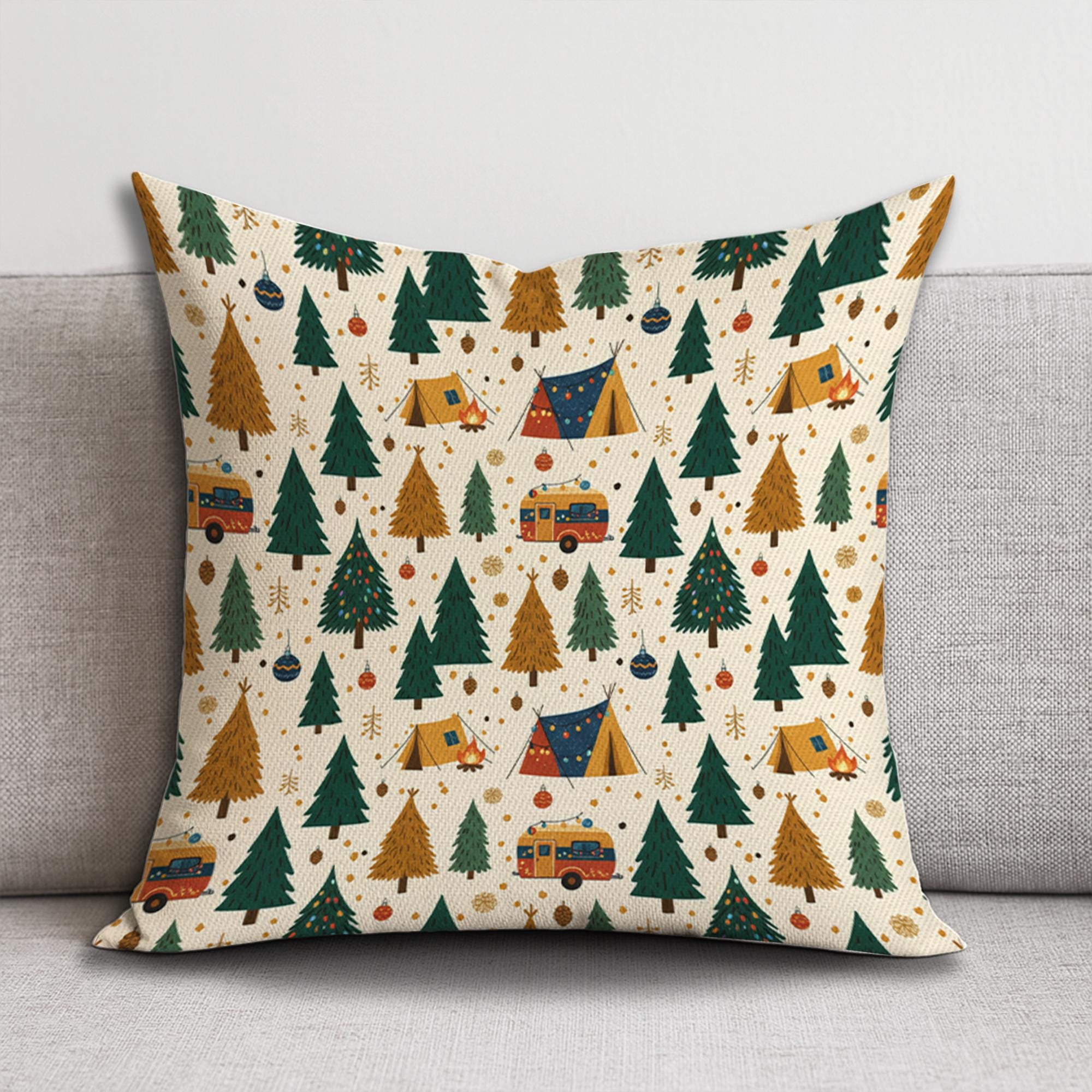 Christmas Camping Pillow: Holiday Camper and Trees Throw Pillow