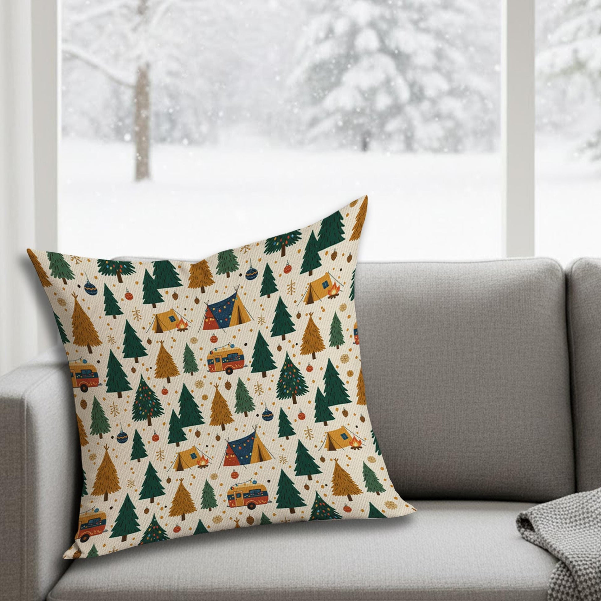 Christmas Camping Pillow: Holiday Camper and Trees Throw Pillow