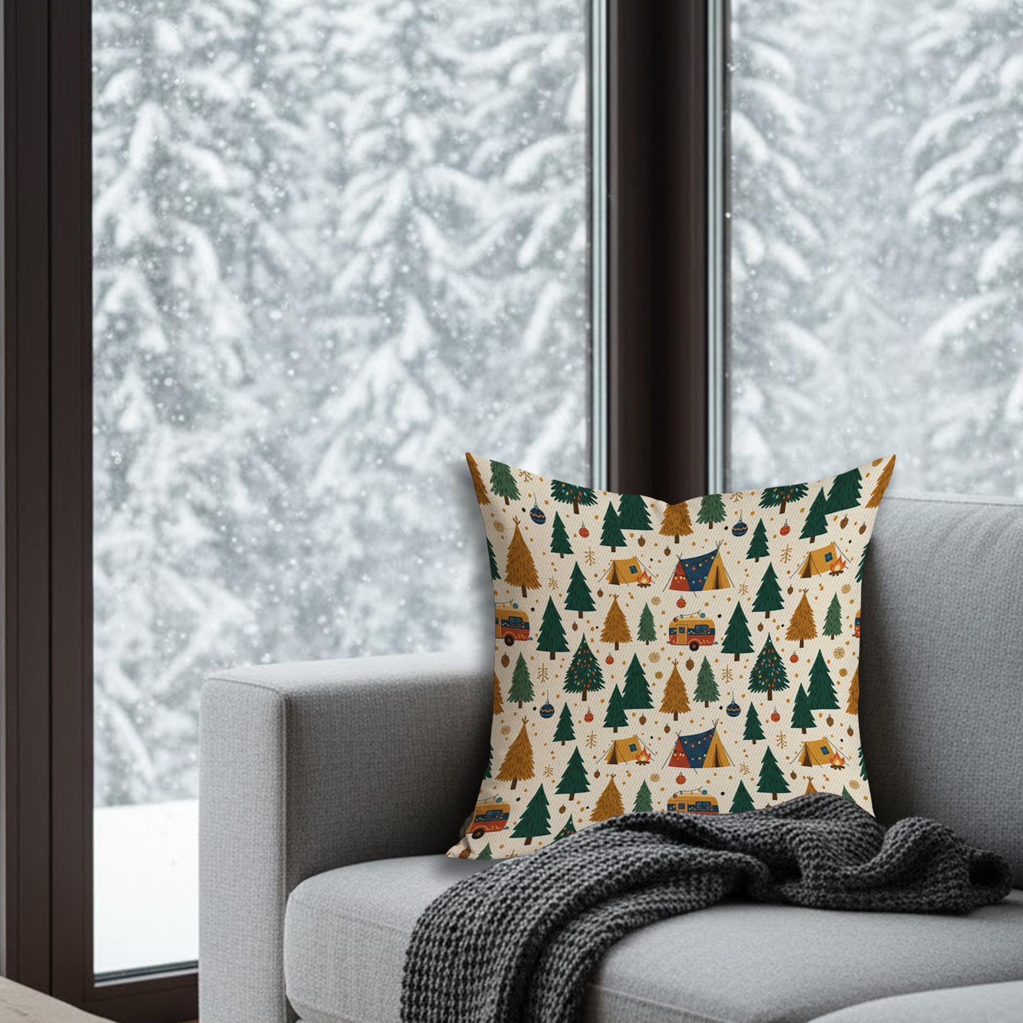 Christmas Camping Pillow: Holiday Camper and Trees Throw Pillow