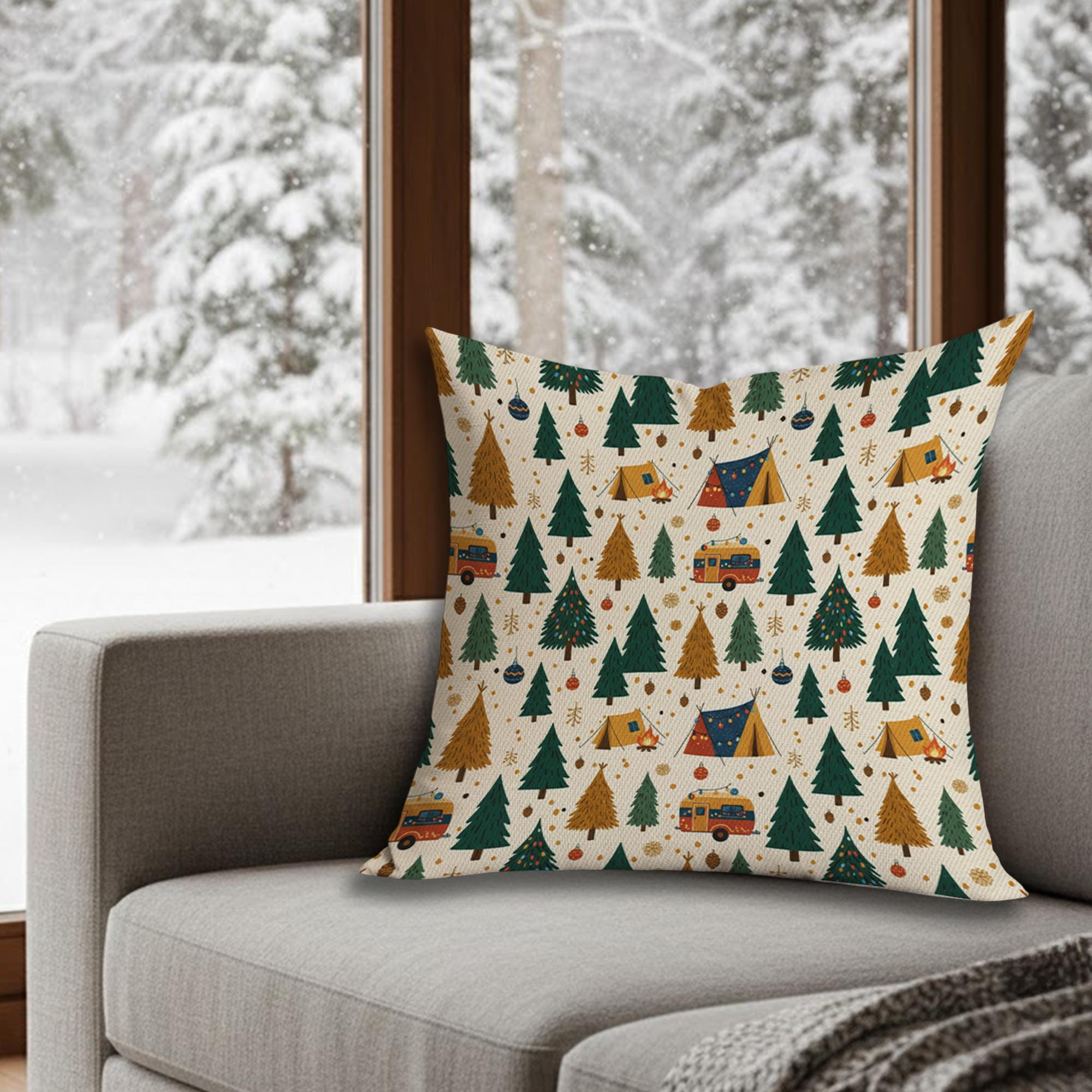 Christmas Camping Pillow: Holiday Camper and Trees Throw Pillow