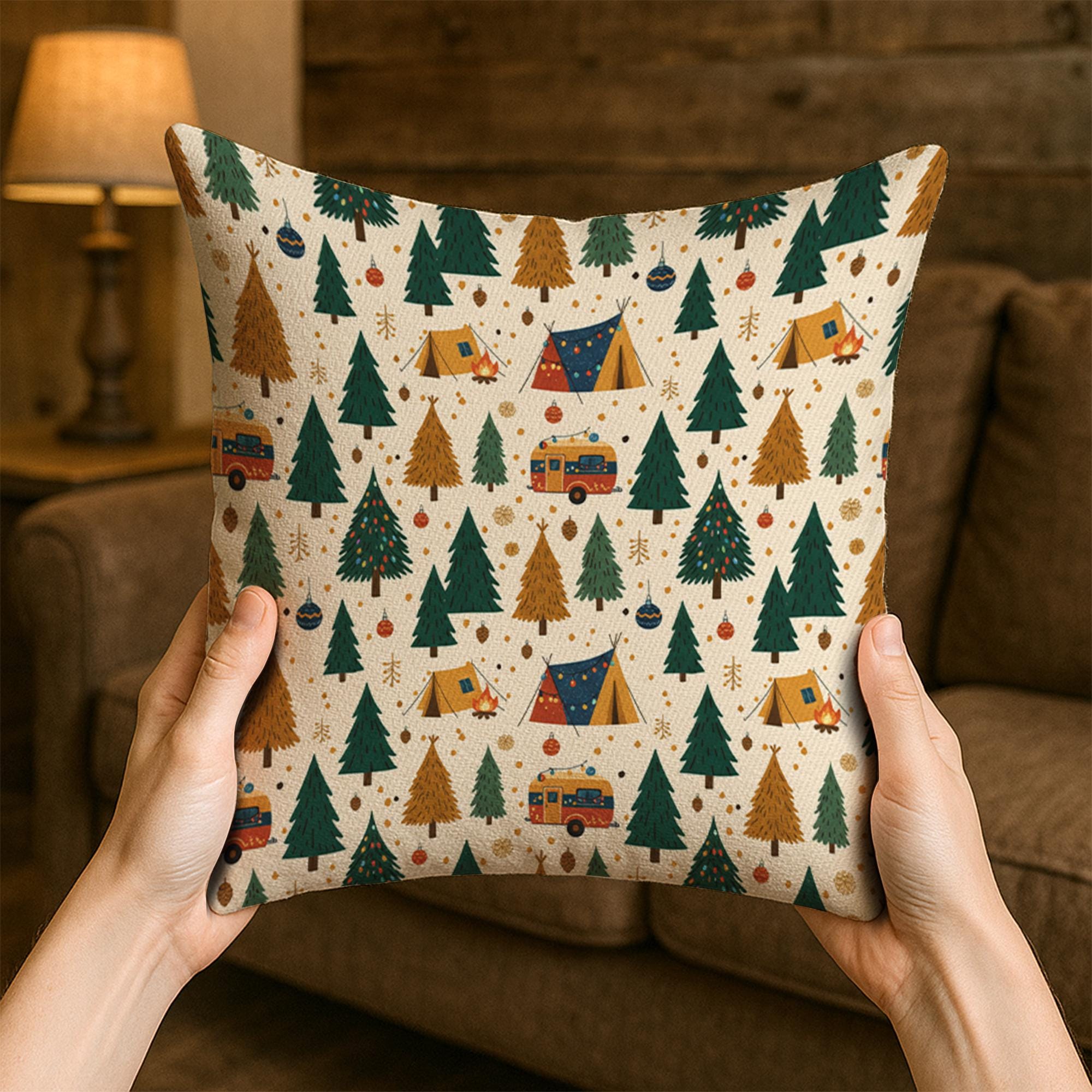 Christmas Camping Pillow: Holiday Camper and Trees Throw Pillow