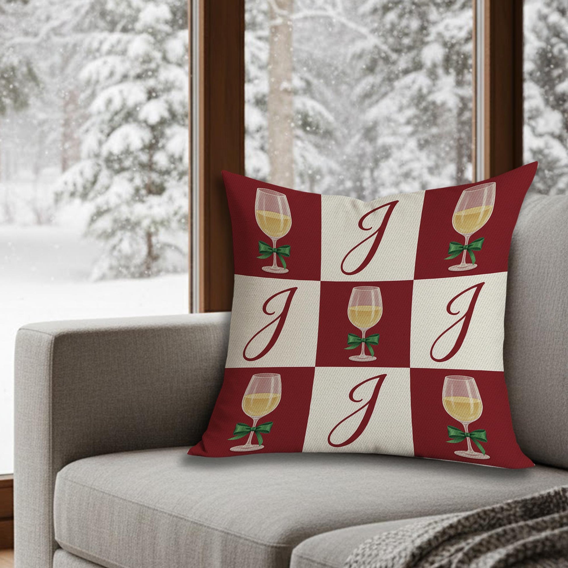 Personalized Wine Glasses Pillow: Monogram Holiday Throw Pillow