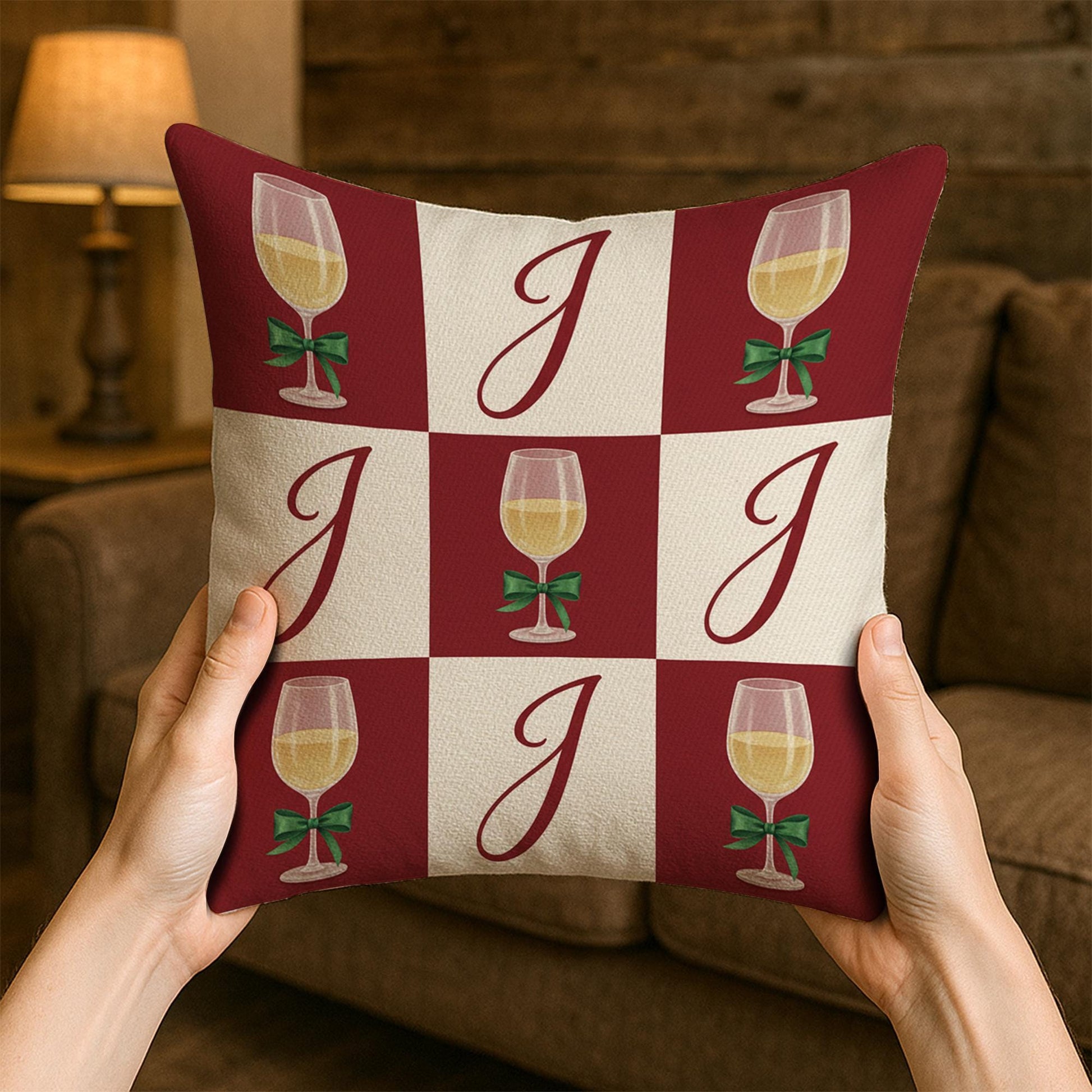 Personalized Wine Glasses Pillow: Monogram Holiday Throw Pillow