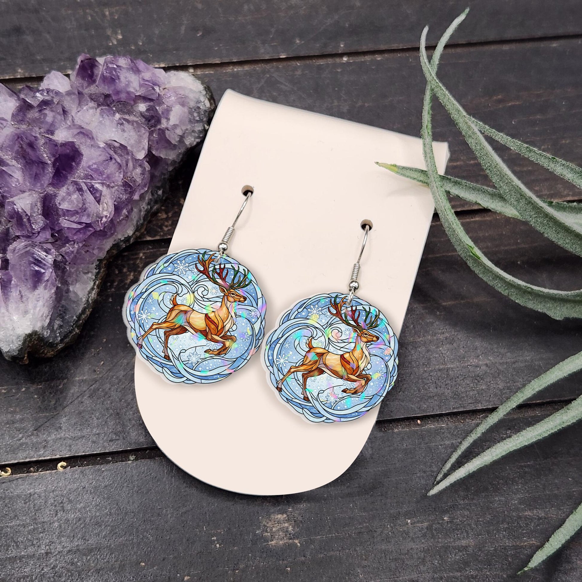 Reindeer Earrings with Snowflake Design, Holiday Jewelry with Blue Background and Winter Theme