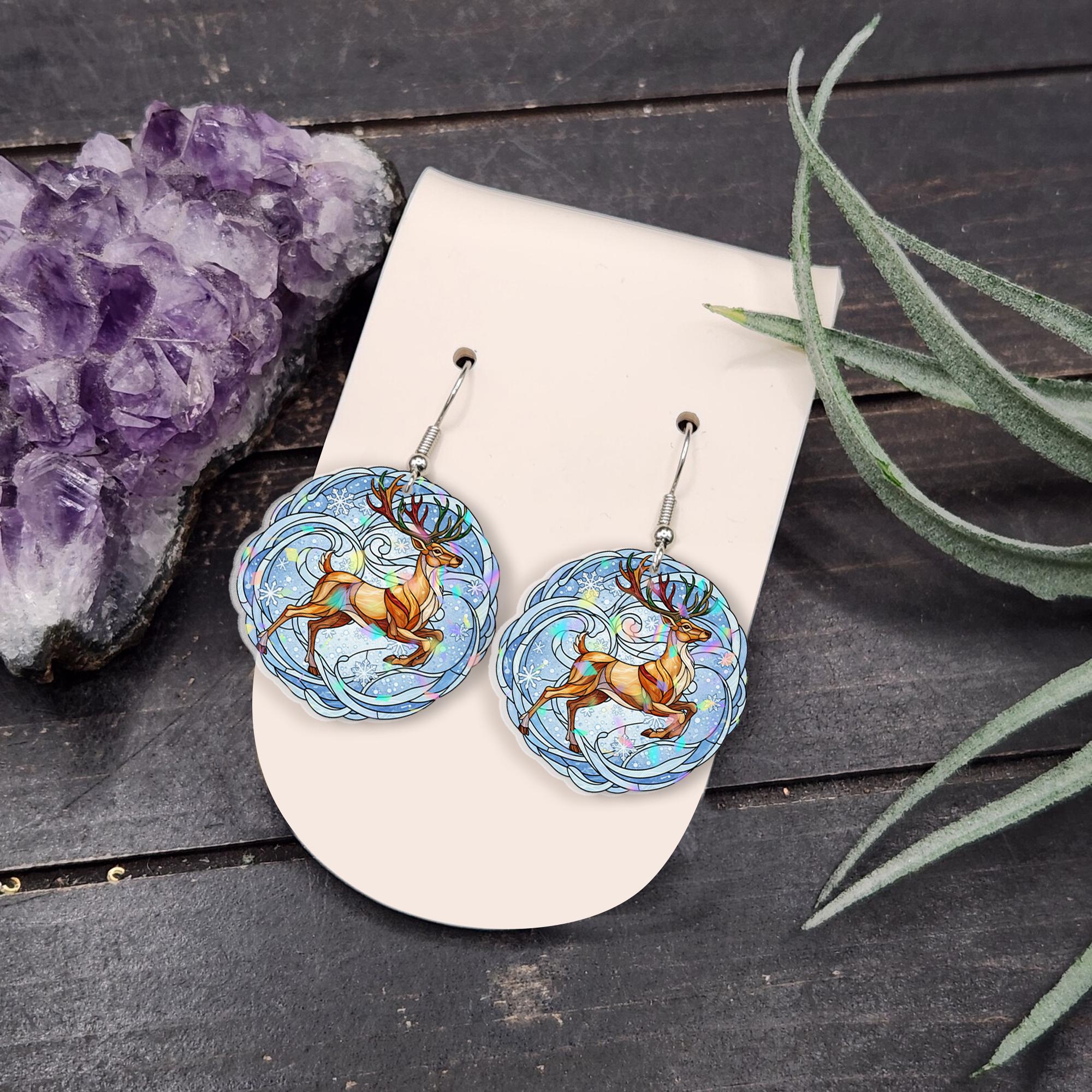 Reindeer Earrings with Snowflake Design, Holiday Jewelry with Blue Background and Winter Theme