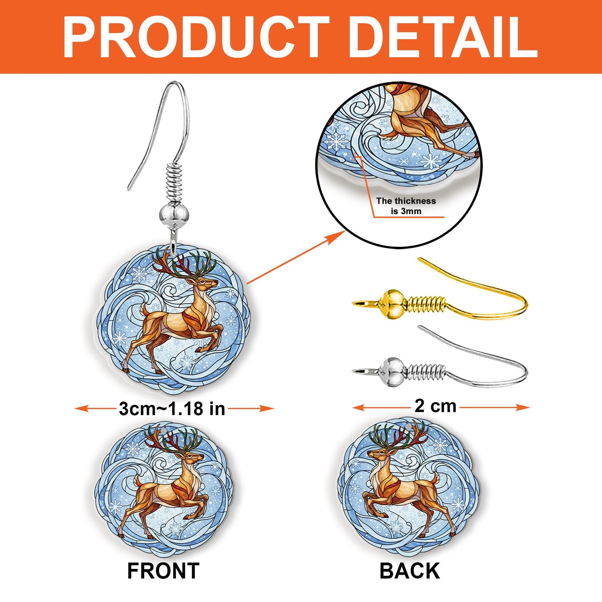 Reindeer Earrings with Snowflake Design, Holiday Jewelry with Blue Background and Winter Theme