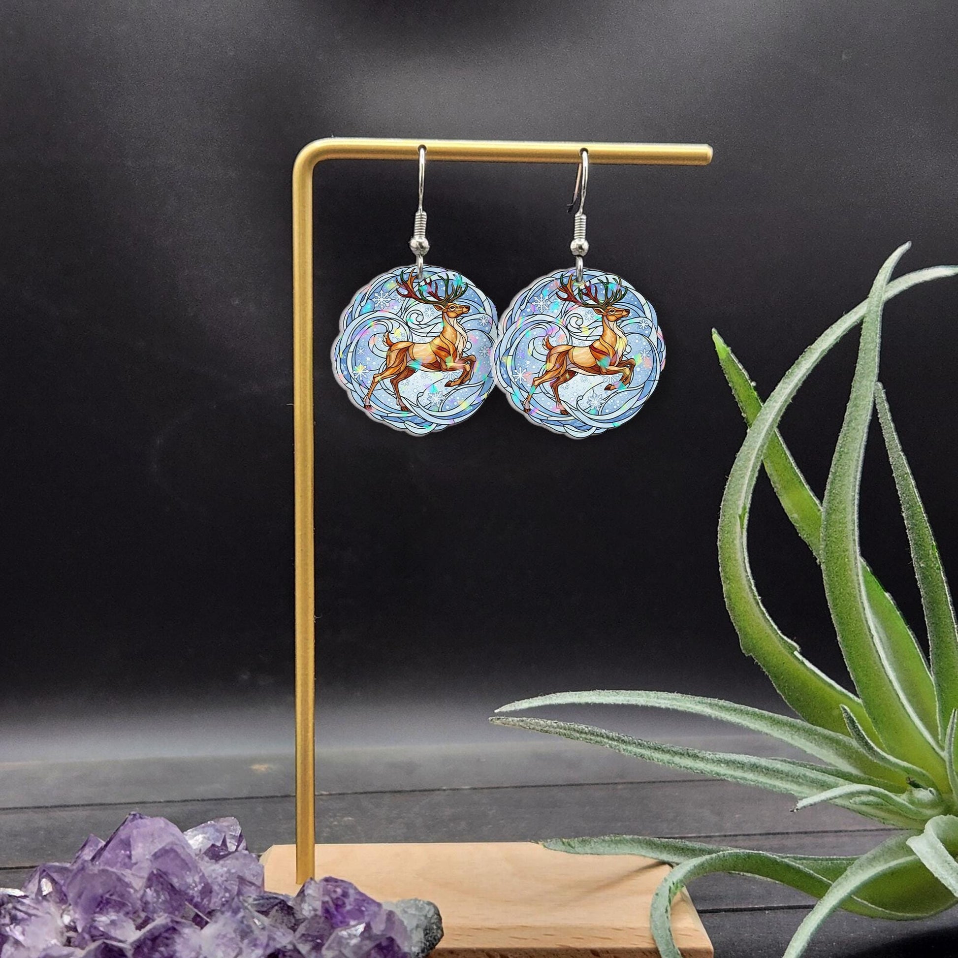 Reindeer Earrings with Snowflake Design, Holiday Jewelry with Blue Background and Winter Theme