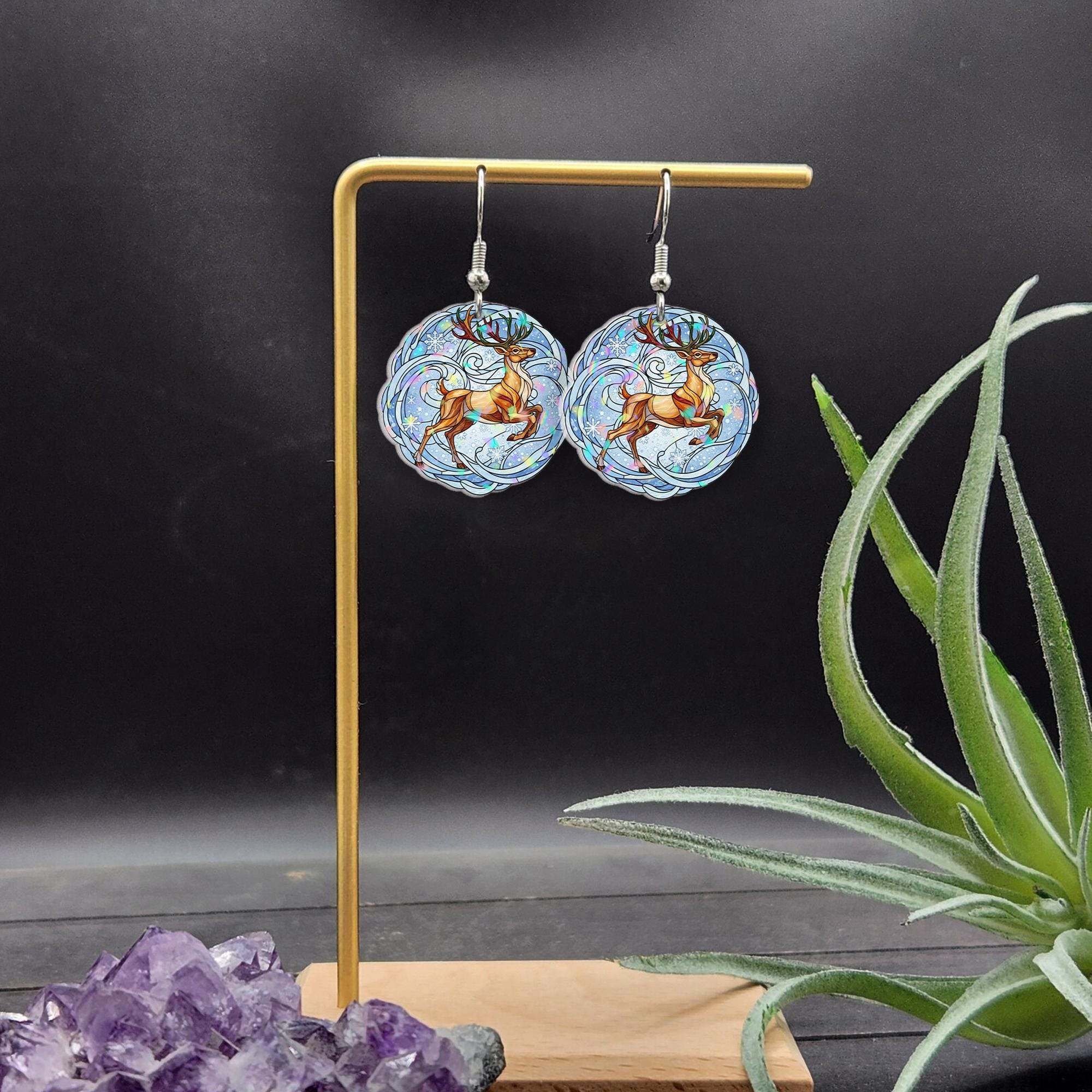 Reindeer Earrings with Snowflake Design, Holiday Jewelry with Blue Background and Winter Theme