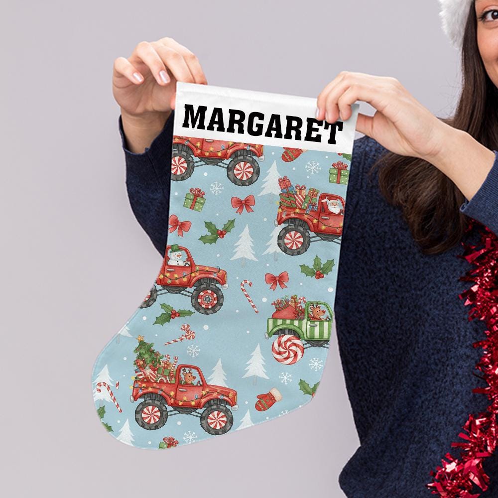 Monster Truck Christmas Stocking – Personalized Name Holiday Decoration – Custom Fireplace Stocking
