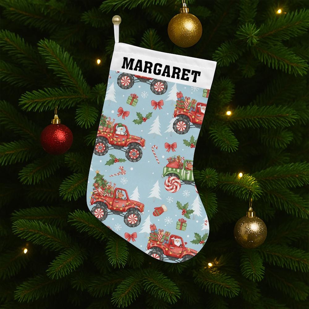 Monster Truck Christmas Stocking – Personalized Name Holiday Decoration – Custom Fireplace Stocking