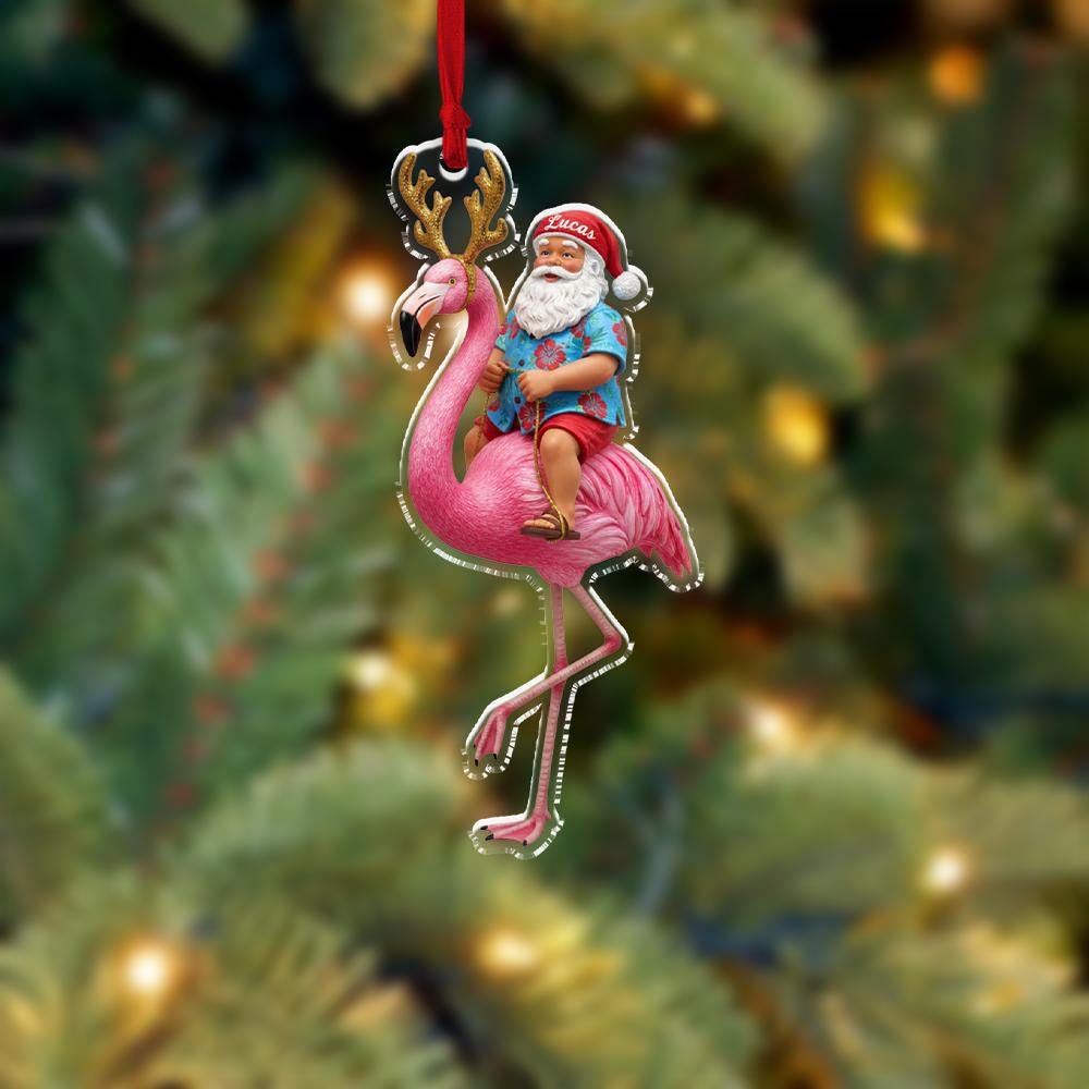 Flamingo Santa Ornament – Personalized Tropical Christmas Decoration – Custom Acrylic Ornament