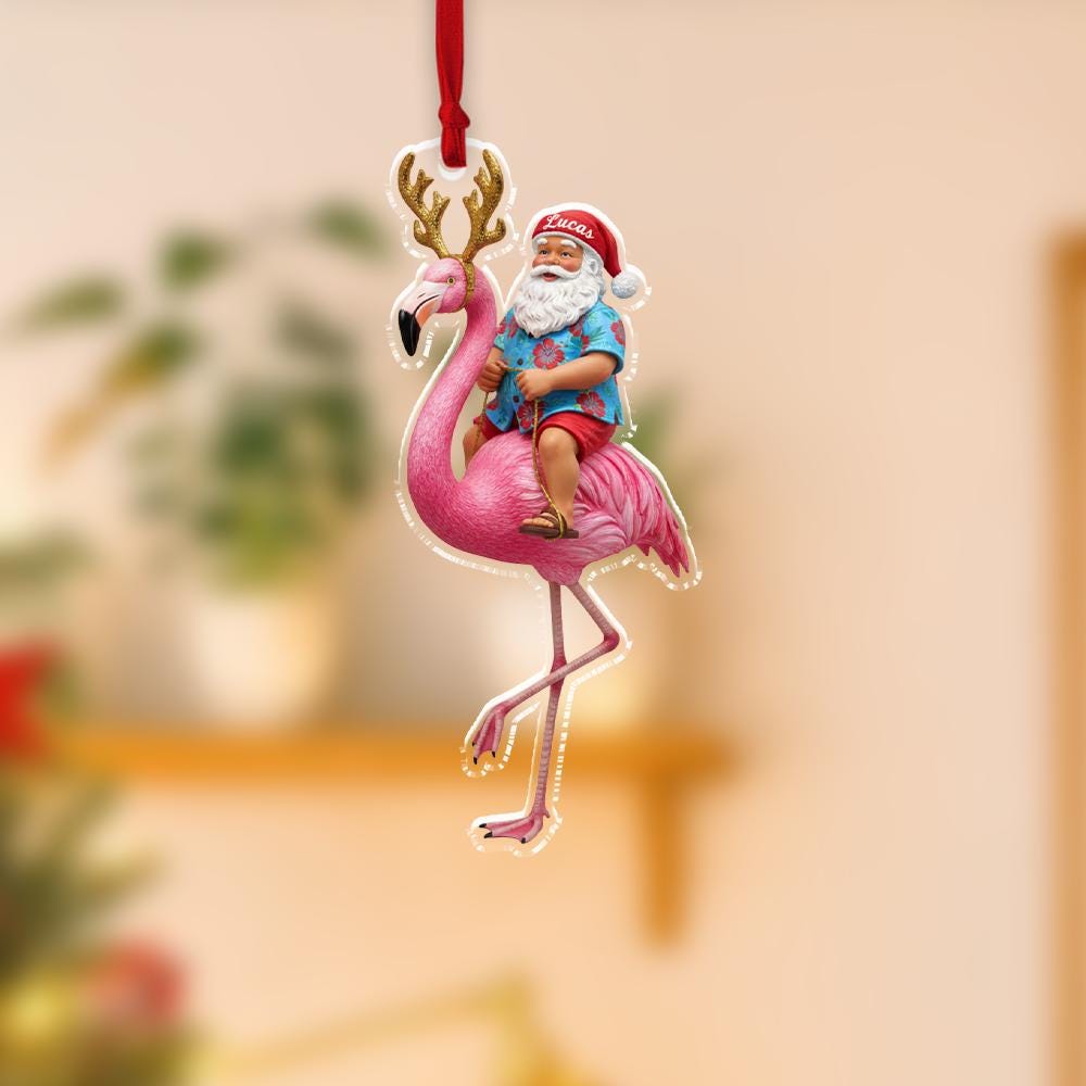 Flamingo Santa Ornament – Personalized Tropical Christmas Decoration – Custom Acrylic Ornament