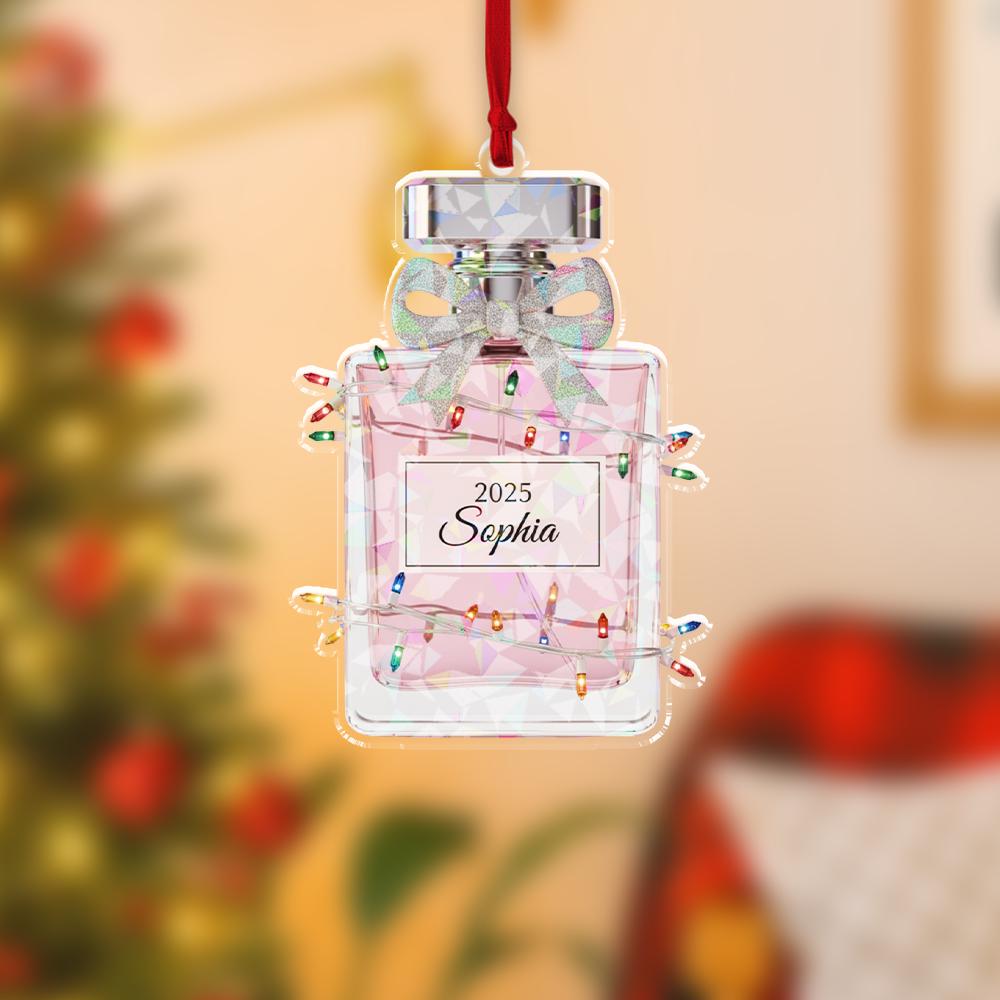 Hologram Perfume Bottle Ornament – Personalized Name Christmas Decoration – Custom Acrylic Ornament