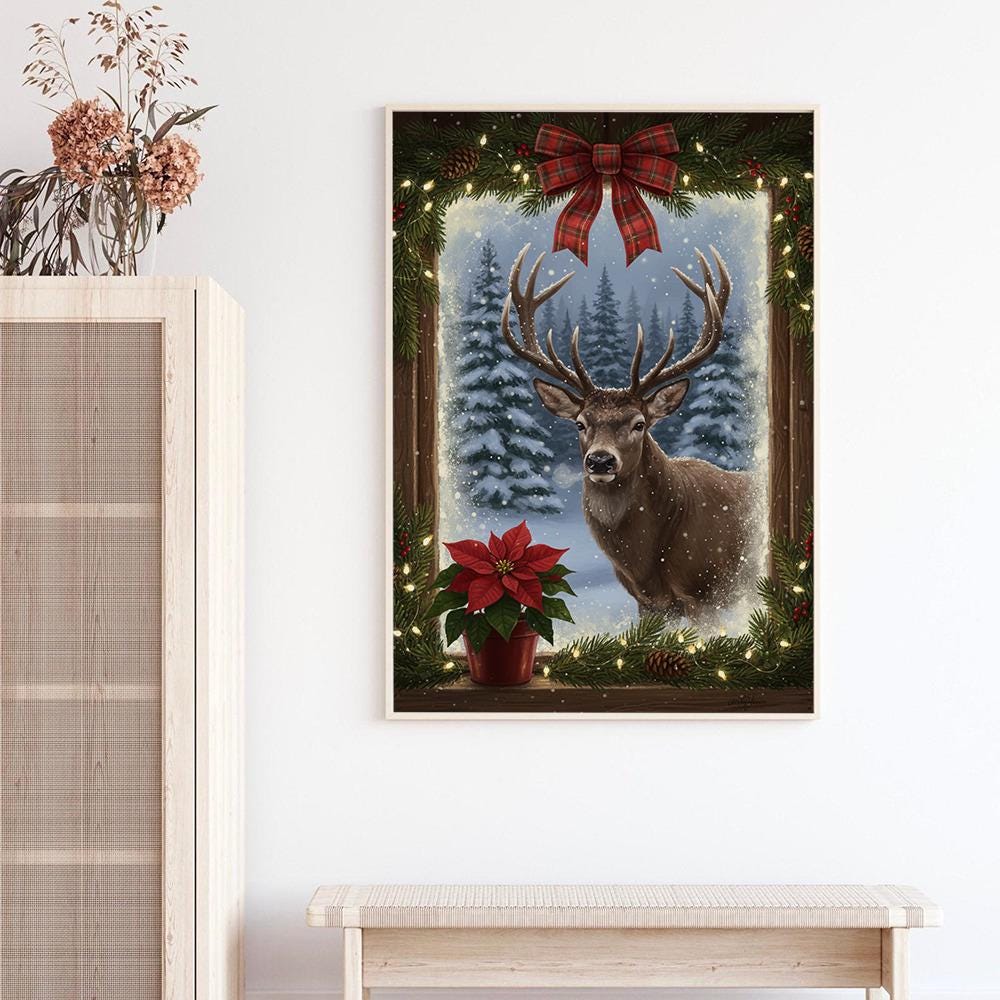 Winter Deer Christmas Poster – Forest Reindeer Wall Art for Holidays