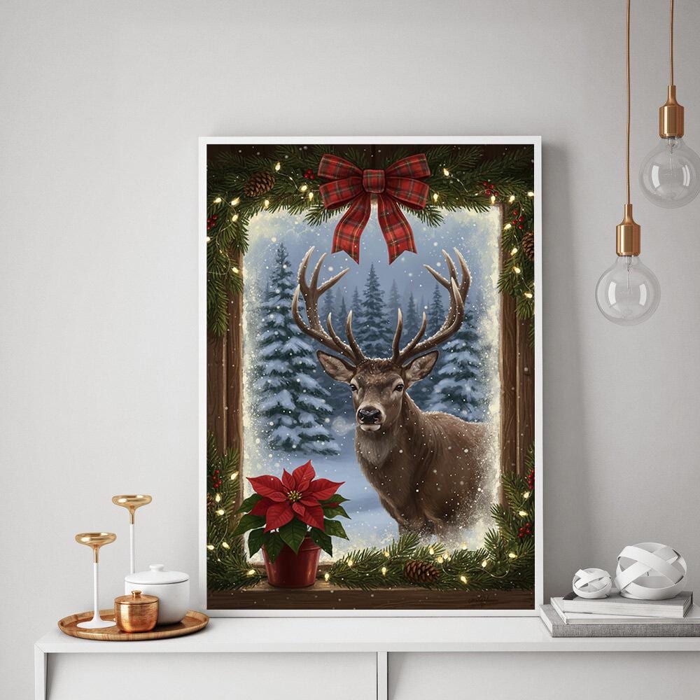 Winter Deer Christmas Poster – Forest Reindeer Wall Art for Holidays