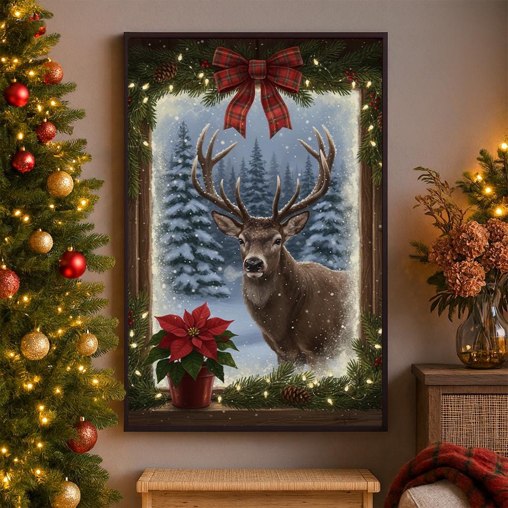 Winter Deer Christmas Poster – Forest Reindeer Wall Art for Holidays