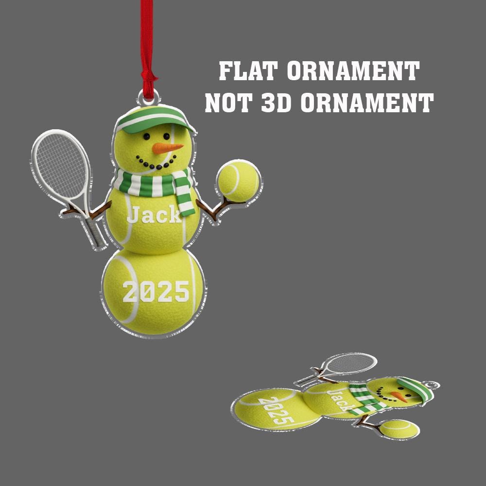 Personalized Acrylic Snowman Ornament – Tennis Theme, Name & Year – Holiday Tree Decoration