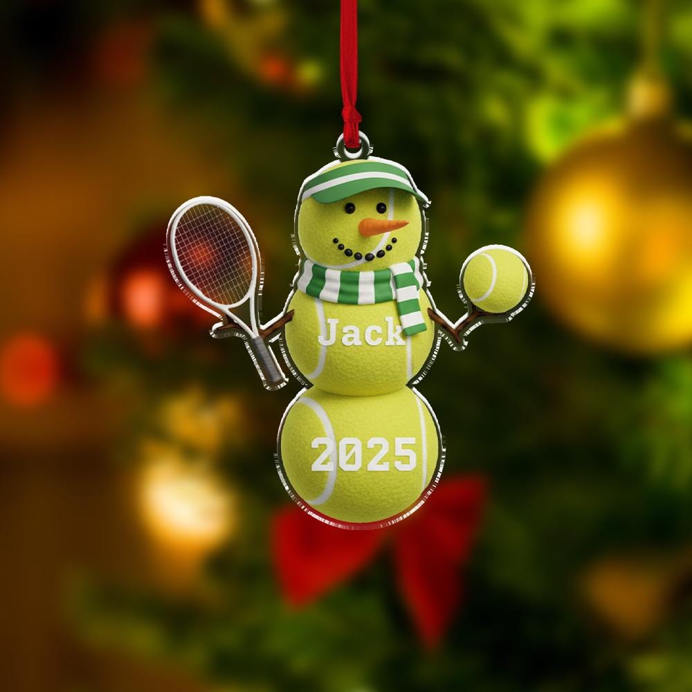 Personalized Acrylic Snowman Ornament – Tennis Theme, Name & Year – Holiday Tree Decoration