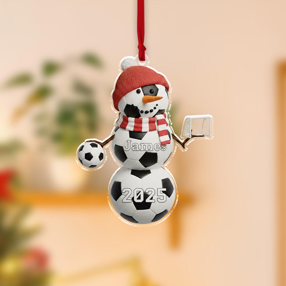 Personalized Acrylic Soccer Snowman Ornament – Name & Year – Sports Tree Decoration
